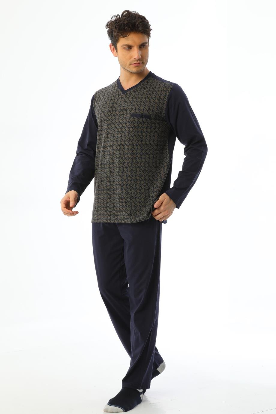 Erkek Jakarlı V Yaka Uzun Kollu Geometrik Desenli Pijama Takımı 8028