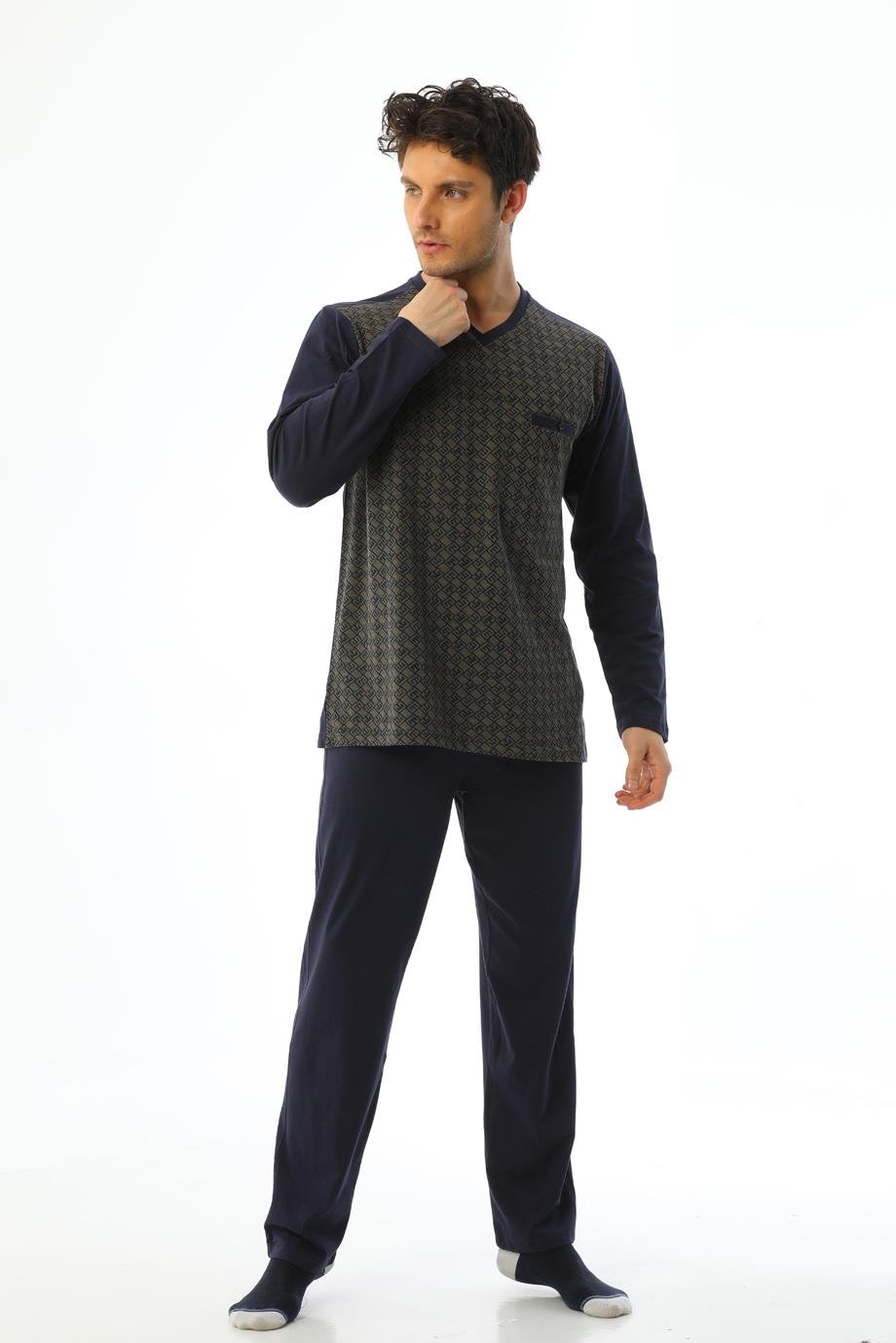 Erkek Jakarlı V Yaka Uzun Kollu Geometrik Desenli Pijama Takımı 8028