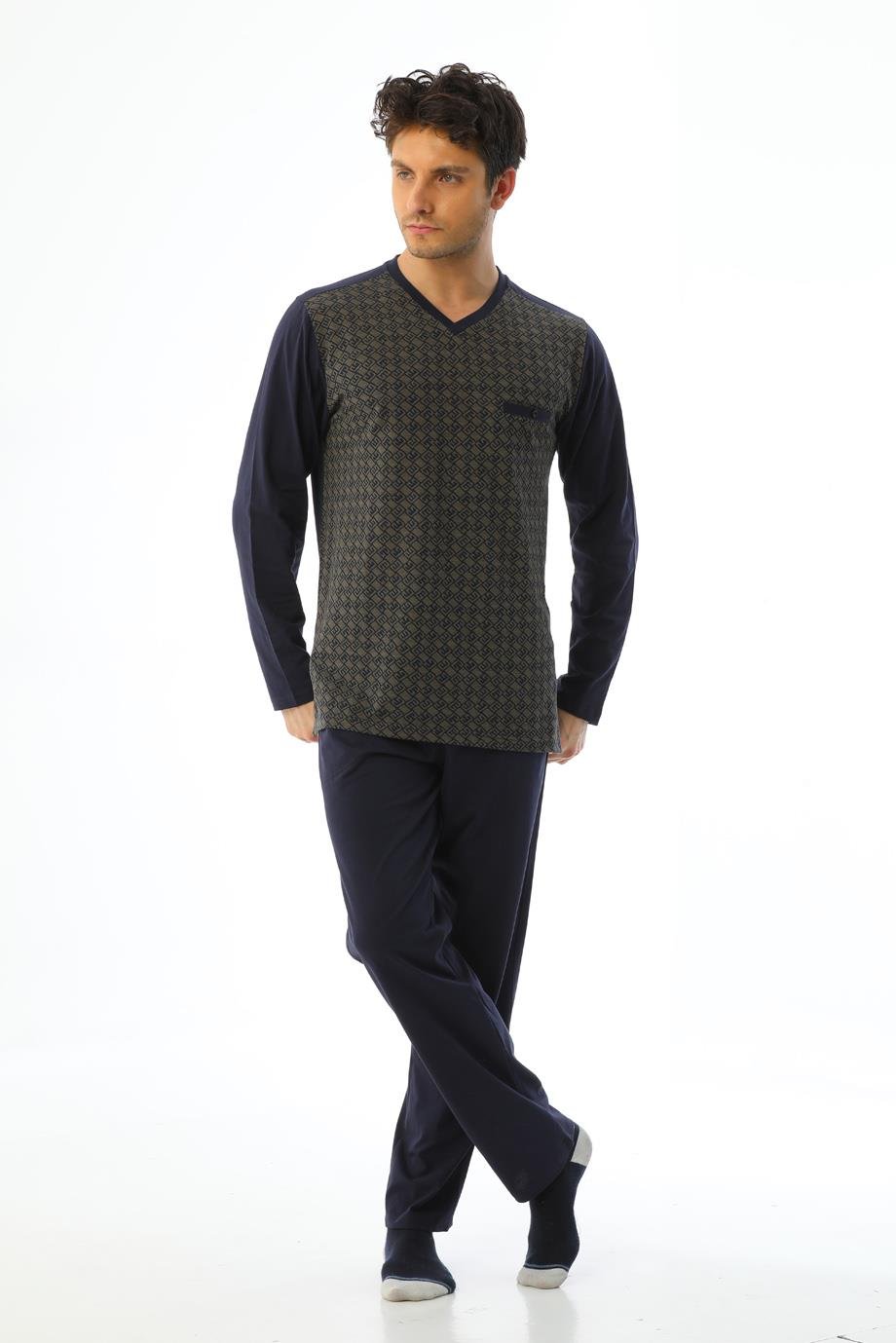 Erkek Jakarlı V Yaka Uzun Kollu Geometrik Desenli Pijama Takımı 8028