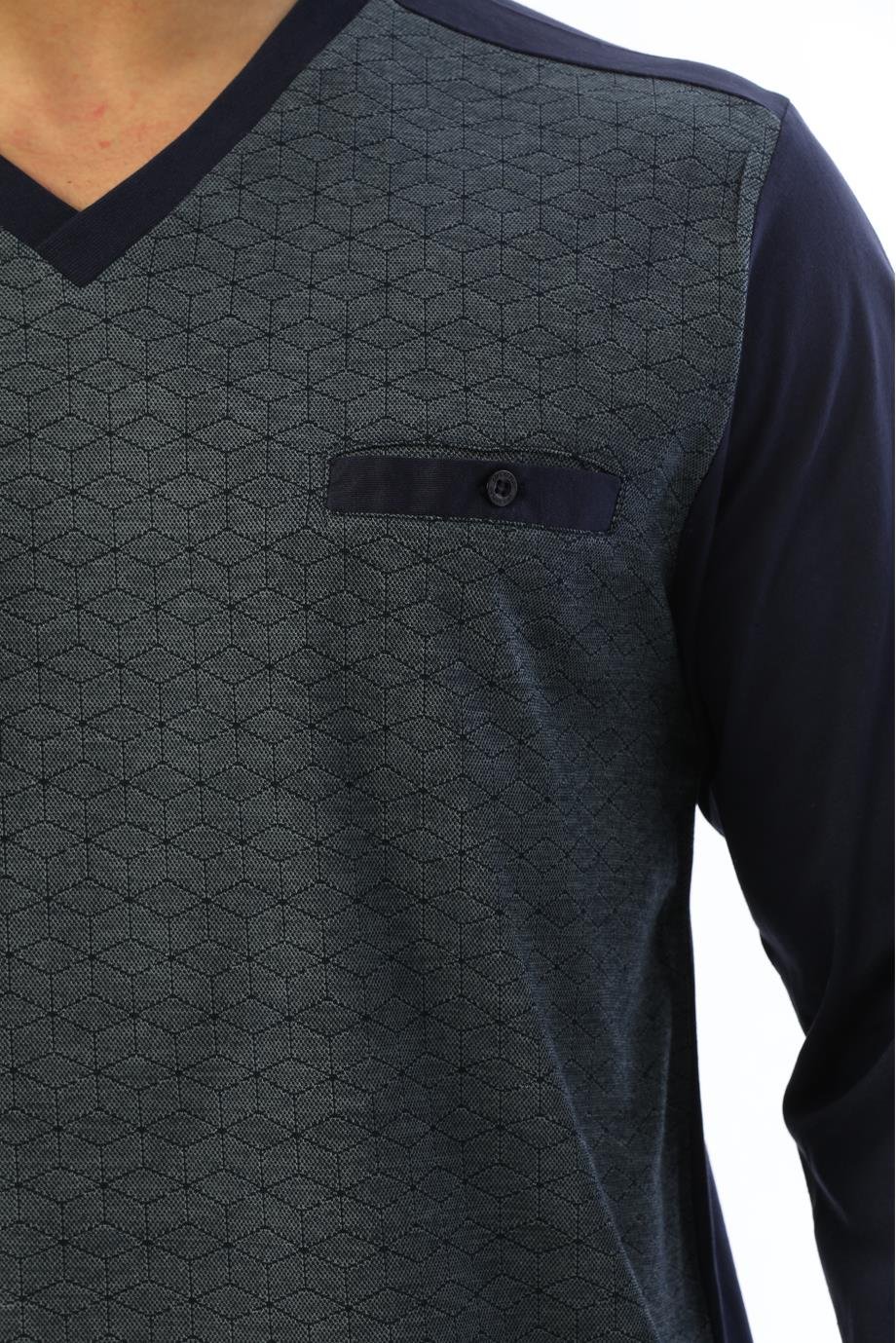 Erkek Jakarlı V Yaka Uzun Kollu Gri Baklava Desenli Pijama Takımı 8022