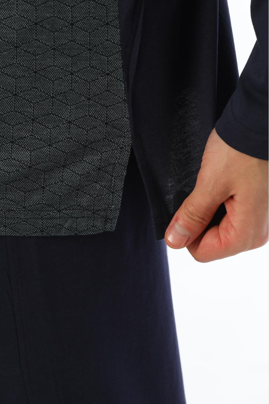 Erkek Jakarlı V Yaka Uzun Kollu Gri Baklava Desenli Pijama Takımı 8022