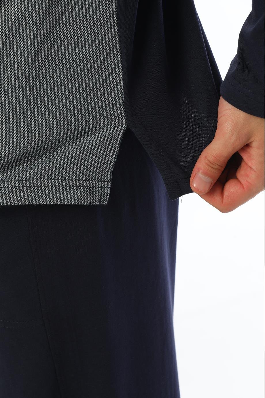 Erkek Jakarlı V Yaka Uzun Kollu Lacivert Çizgili Pijama Takımı 8016