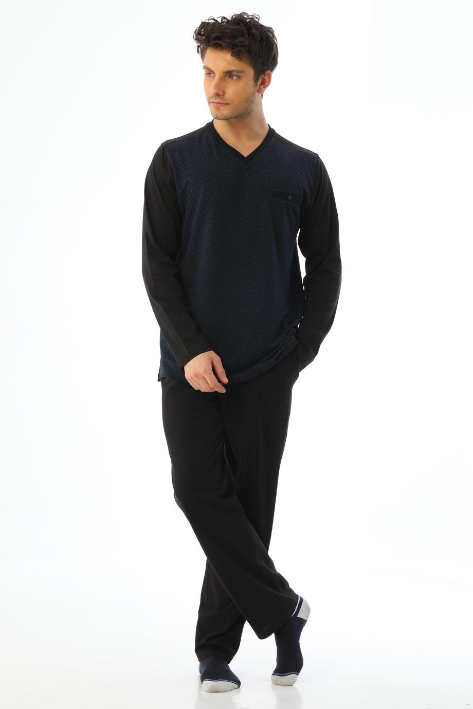 Erkek Jakarlı V Yaka Uzun Kollu Saks Küp Desenli Pijama Takımı 8042