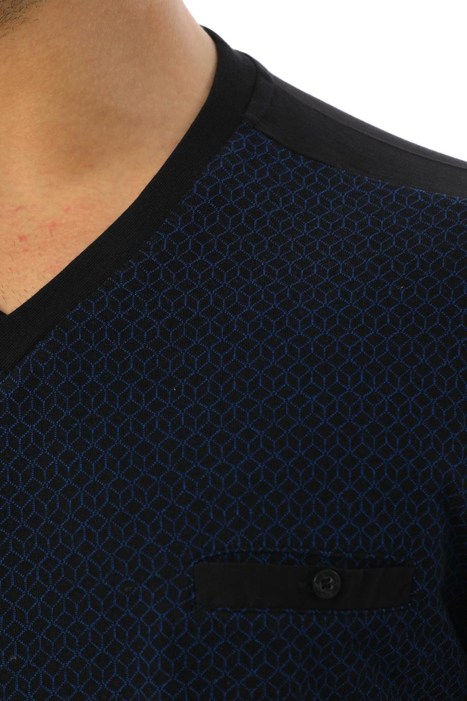 Erkek Jakarlı V Yaka Uzun Kollu Saks Küp Desenli Pijama Takımı 8042