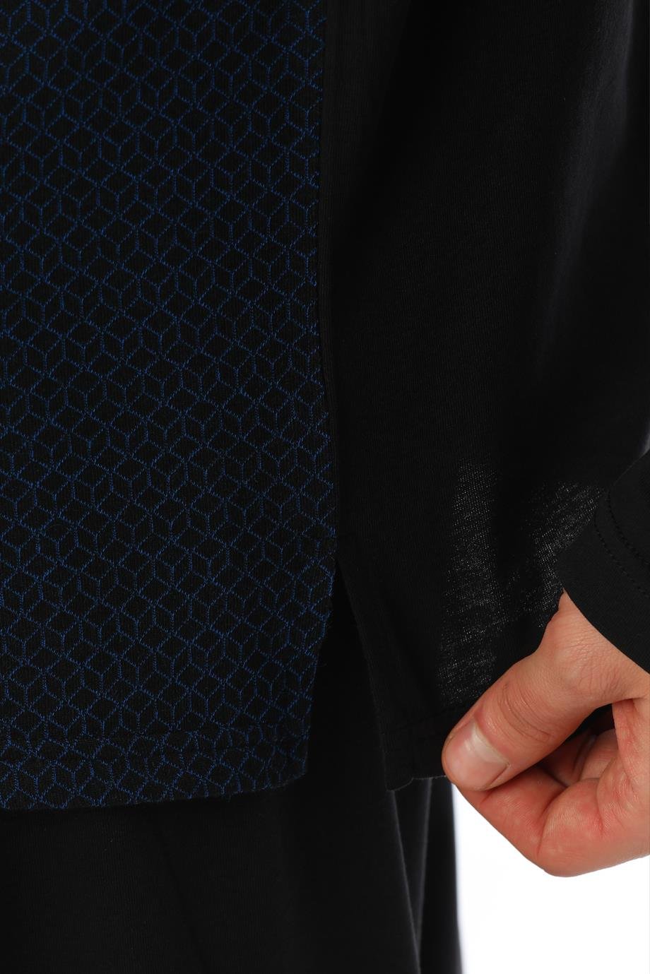 Erkek Jakarlı V Yaka Uzun Kollu Saks Küp Desenli Pijama Takımı 8042