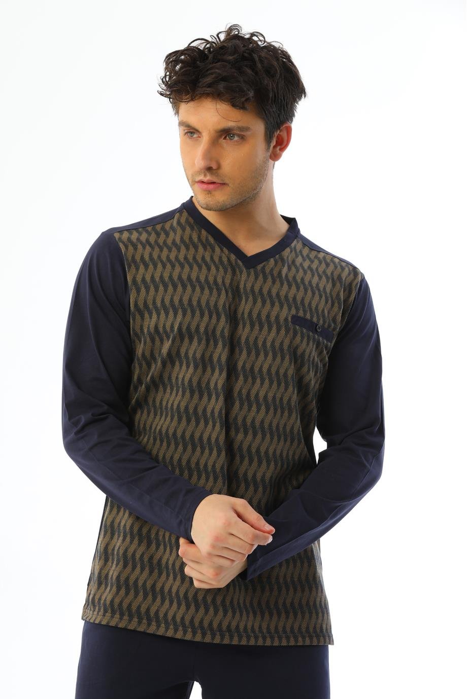Erkek Jakarlı V Yaka Uzun Kollu Vizon Yılan Desenli Pijama Takımı 8018