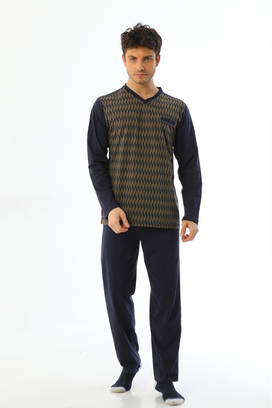 Erkek Jakarlı V Yaka Uzun Kollu Vizon Yılan Desenli Pijama Takımı 8018