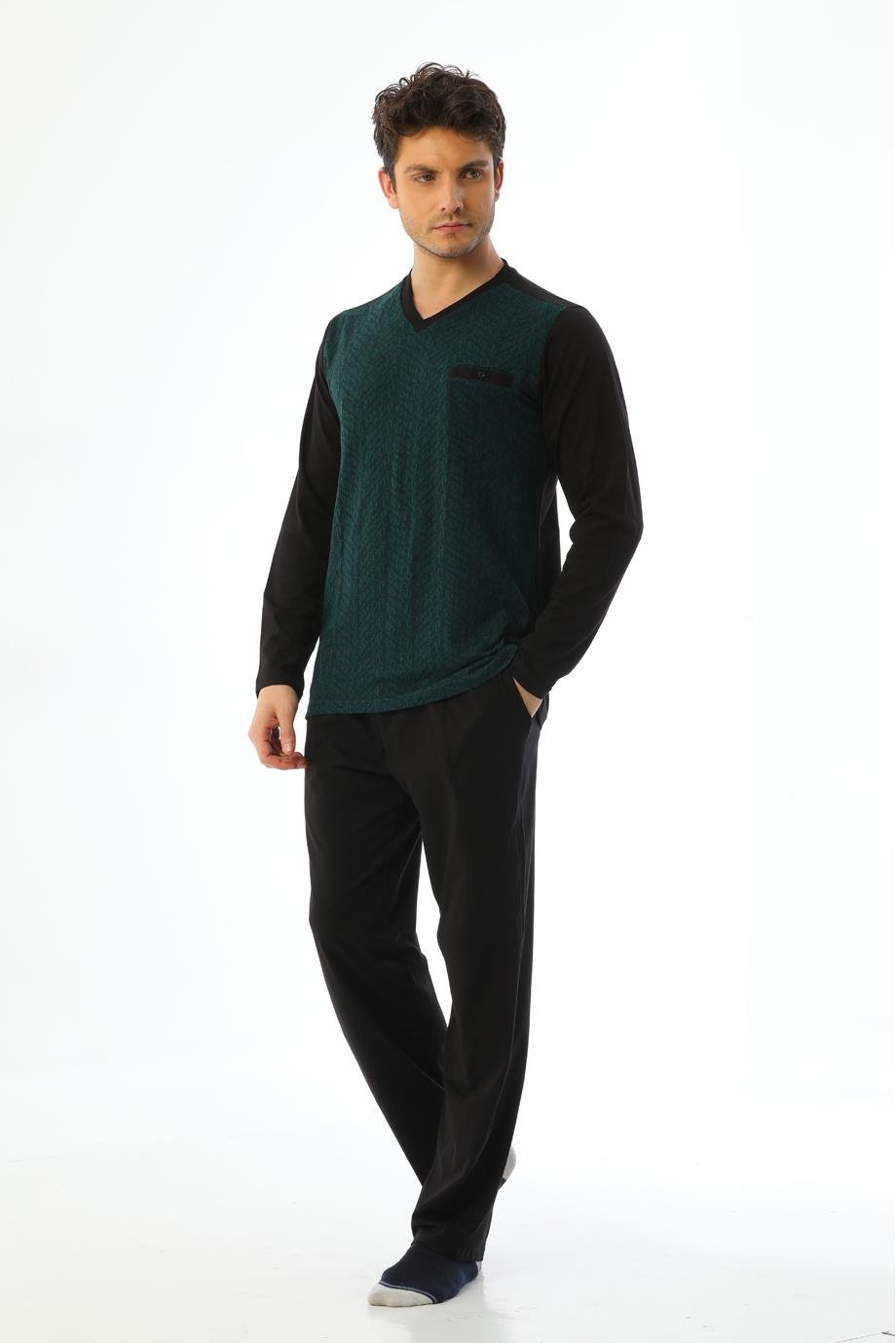 Erkek Jakarlı V Yaka Uzun Kollu Yeşil Desenli Pijama Takımı 8005