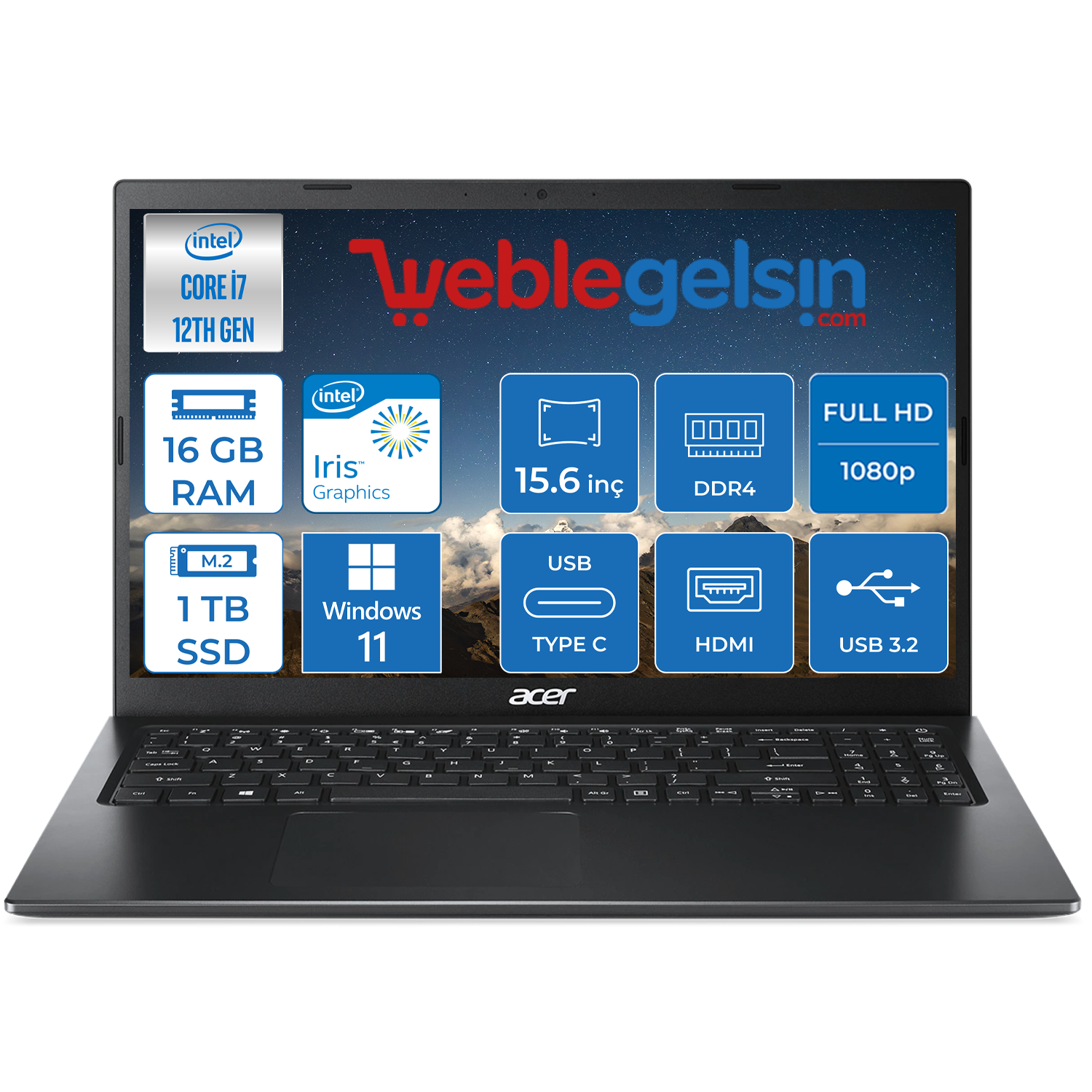 Acer EX215-55  Intel Core i7 1255U 16GB 1TB SSD Intel® Iris® Xe Graphics 15.6 inç Fhd Windows 11 Home Taşınabilir Bilgisayar NXEGYEY00411