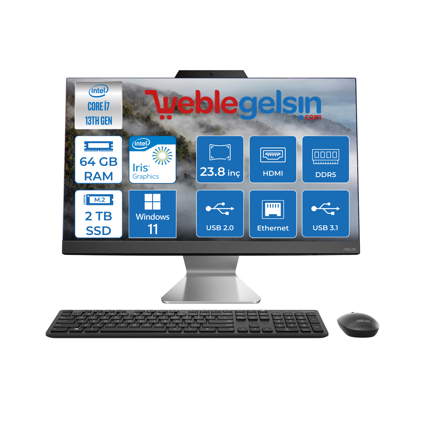 ASUS A3402WBAK-I716512B0D INTEL i7-1355U 64GB DDR5 Ram 2TB SSD 23.8 FHD IPS Windows 11 Pro All In One Bilgisayar I716512B0D44