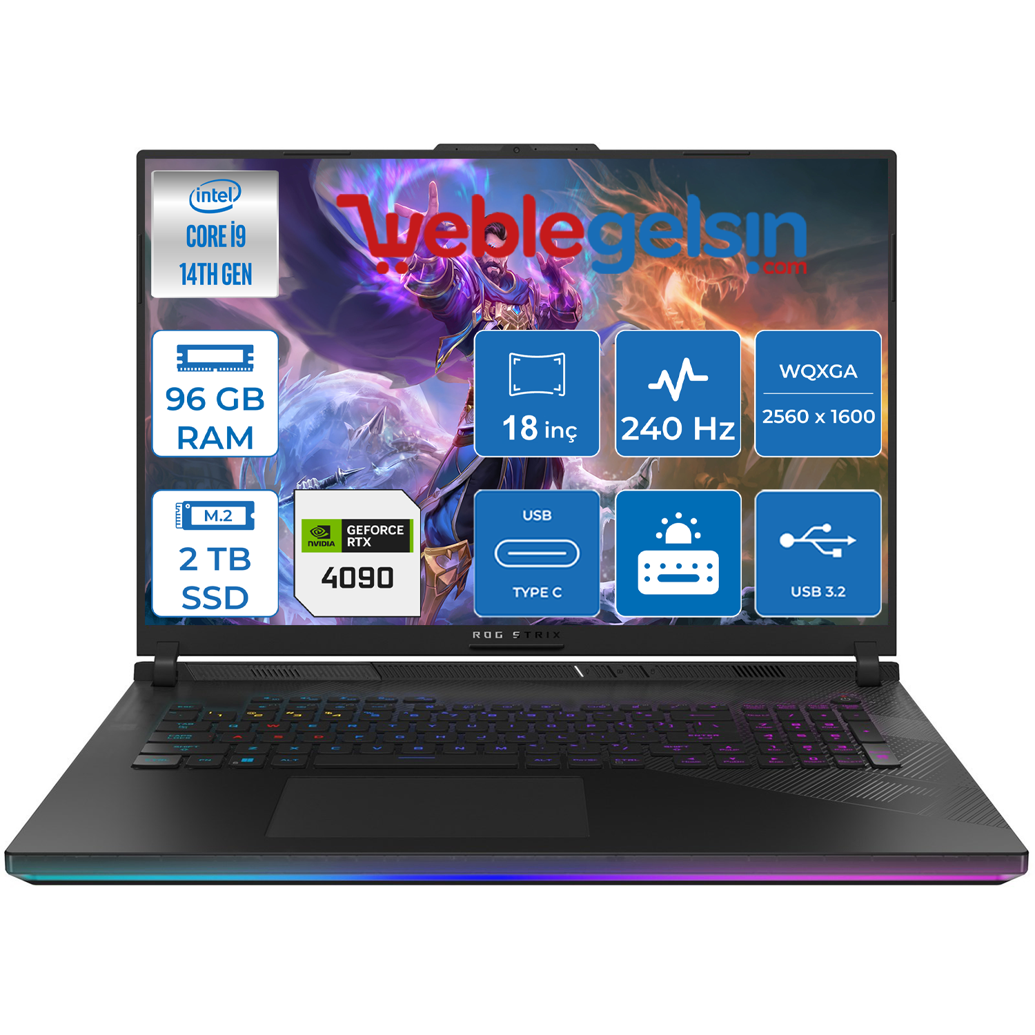 Asus Rog Strix Scar 18 14. Nesil Intel I9-14900HX 96GB DDR5 2TB SSD 16GB RTX4090 175W 18 Inç Qhd+ 240Hz 3ms Freedos Taşınabilir Bilgisayar G834JYR-N609813