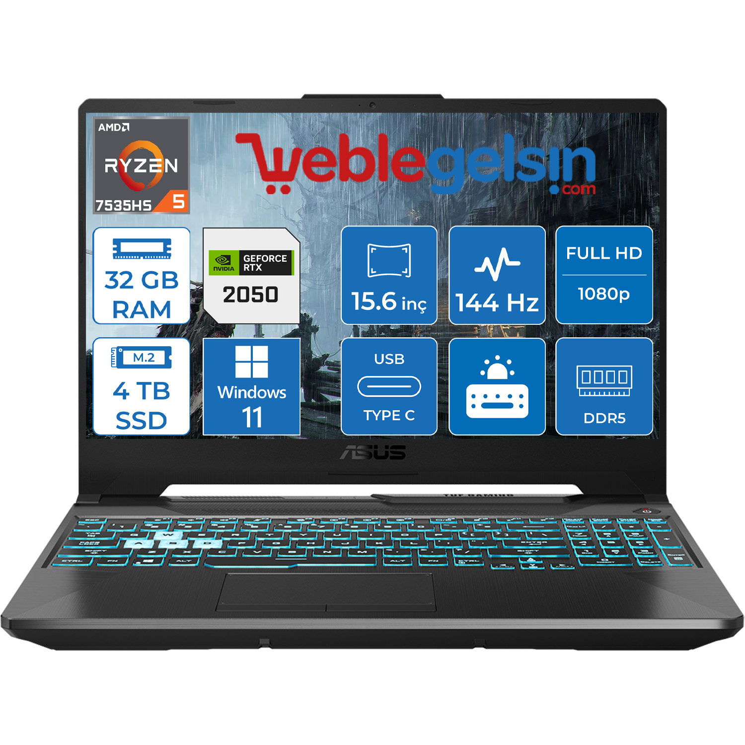 Asus Tuf Gamıng A15 Amd Ryzen 5 7535HS 32GB DDR5 4TB SSD RTX2050 144Hz Windows 11 Pro 15.6 inç Fhd Taşınabilir Bilgisayar FA506NF-HN05040