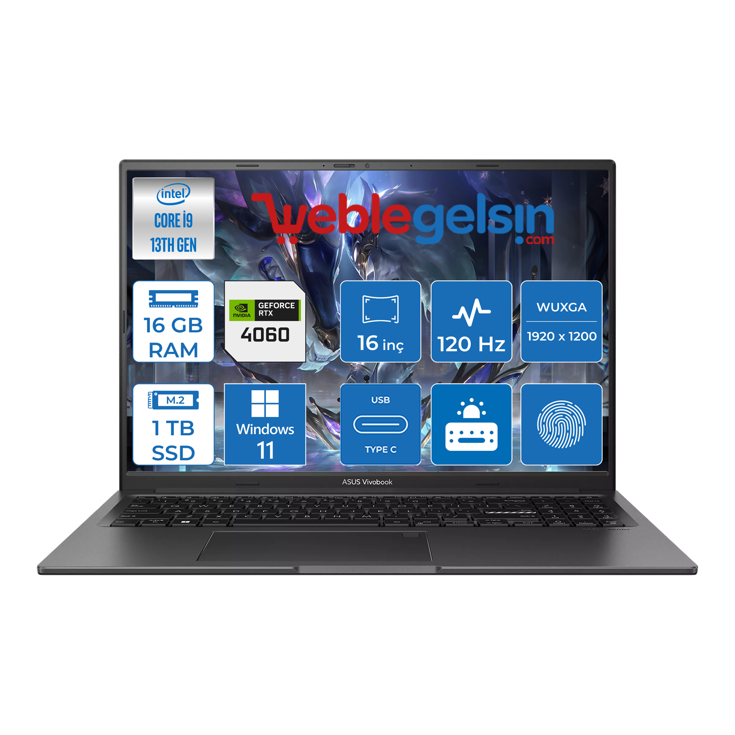 Asus Vivobook 16X 13.nesil Core I9 13900H 16GB Ram 1TB SSD 16 Inç Wqxga 120HZ 8GB/RTX4060 300NIT Windows 11 Home Taşınabilir Bilgisayar WK3605VV-N1070W18