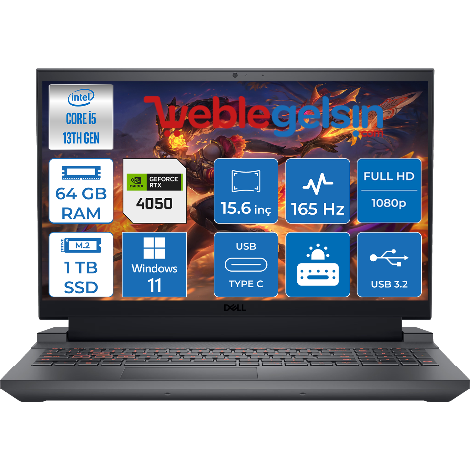 Dell G15 5530 Intel Core I5 13450HX 64GB DDR5RAM 1TB SSD 6GB RTX4050 15.6 Inç 165Hz Fhd Windows 11 Home Taşınabilir Bilgisayar G155530008WH17