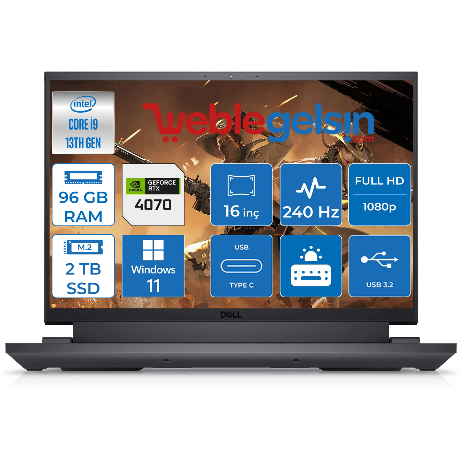 Dell G16 7630 Intel Core I9 13900HX 96GB DDR5 2TB SSD 8GB RTX4070 16 Inç 240Hz Qhd+ Windows 11 Pro Taşınabilir Bilgisayar G76302401024U27