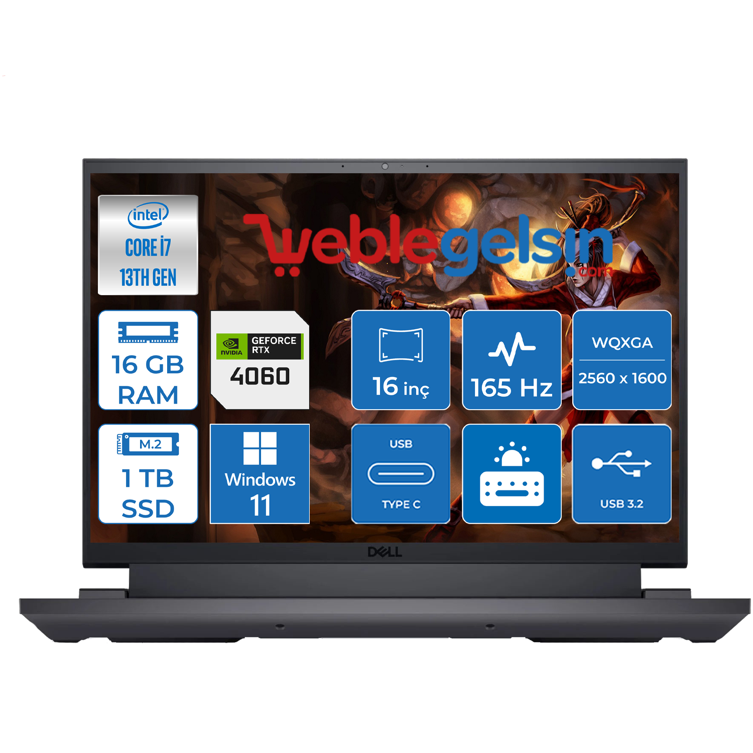 Dell Gaming G16 7630 Intel Core i7 13650HX  16GB DDR5 1TB SSD 8GB RTX4060 140W 16 Inç 165HZ Qhd+ Windows 11 Home Taşınabilir Bilgisayar DG16763000511