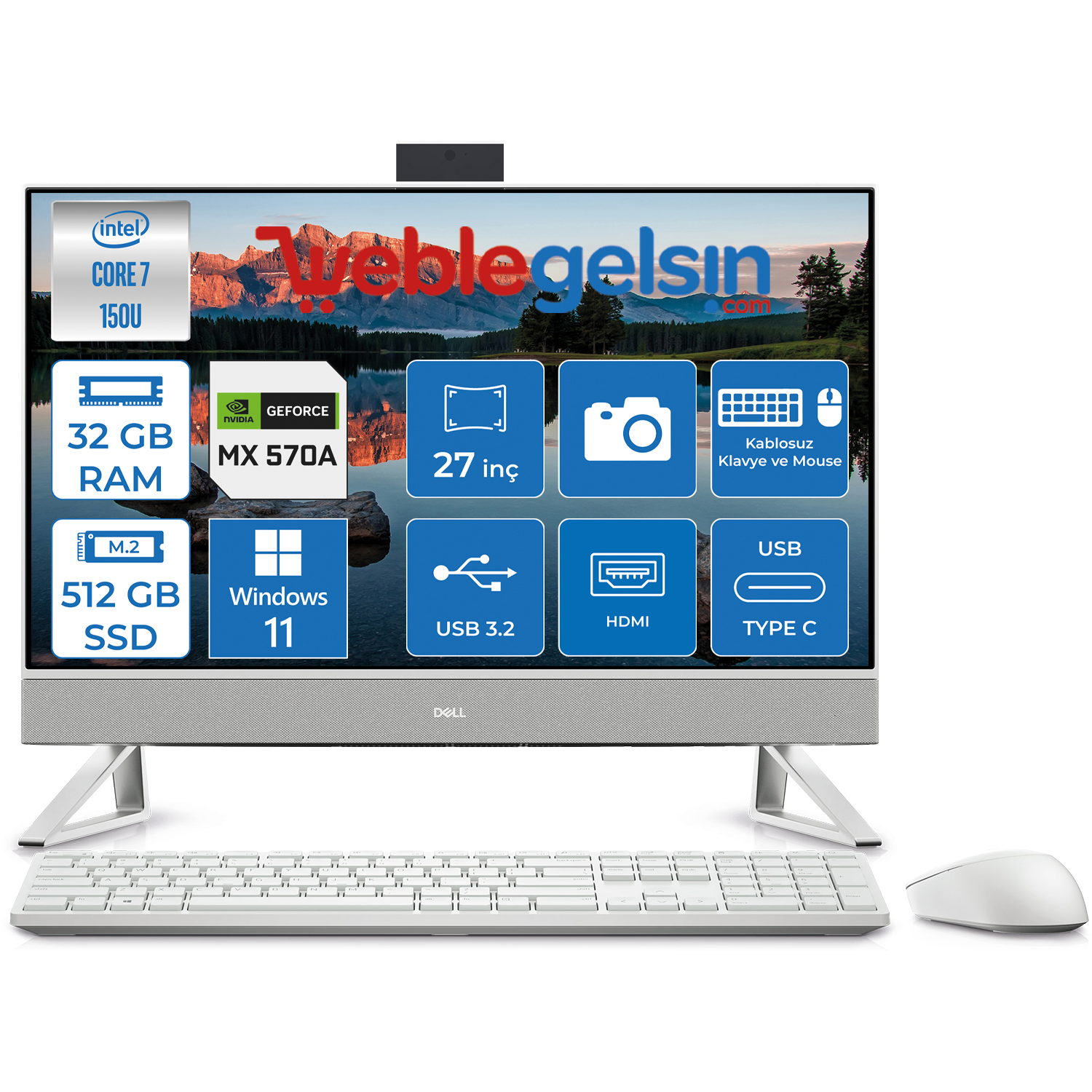 Dell Inspiron 7730 Intel Core 7 150U 32GB 512GB SSD Geforce® MX570A Windows 11 Pro 27 Inç Fullhd All In One Bilgisayar I7730AIO2008WP05