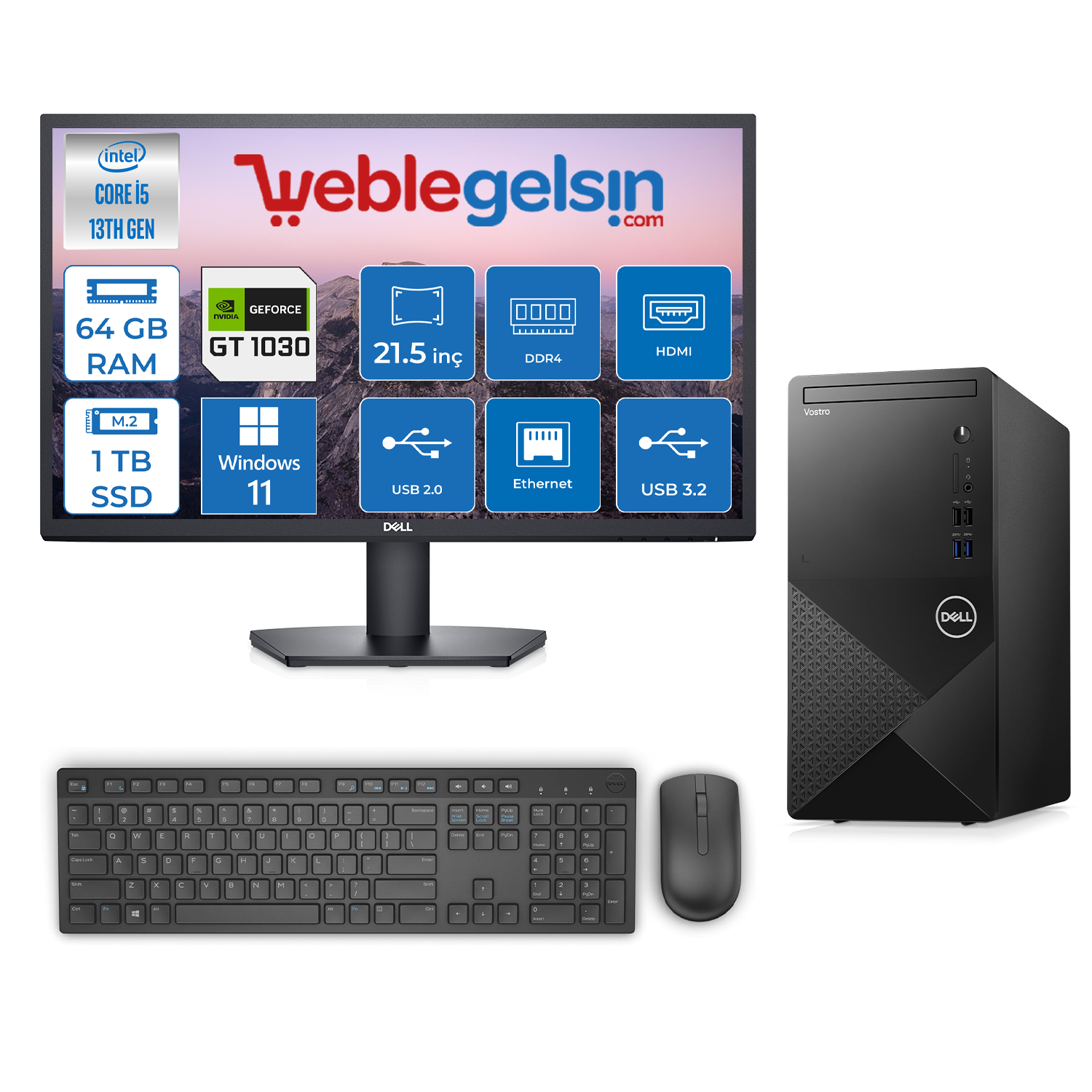 Dell Vostro 3020MT Intel Core I5 13400 64GB 1TB + 1TB SSD Windows 11 Pro 21.5 inç GT1030-2GB Masaüstü Bilgisayar N2046VDT3020GMW31