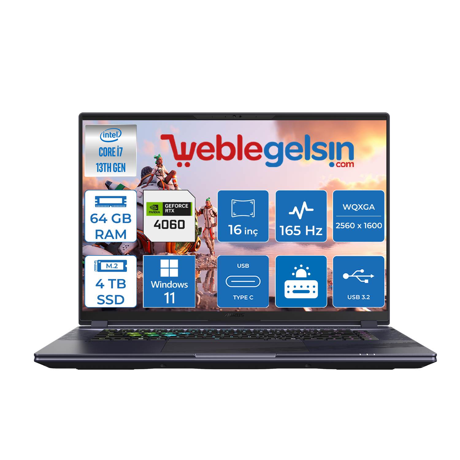 Gigabyte aorus 16X Intel Core  I7-13650HX 64GB DDR5 4TB SSD 8GB RTX4060 16″ Wqxga 3ms 165Hz Windows 11 Pro Gaming (Oyuncu) Notebook 9KG-43TRC54SW20