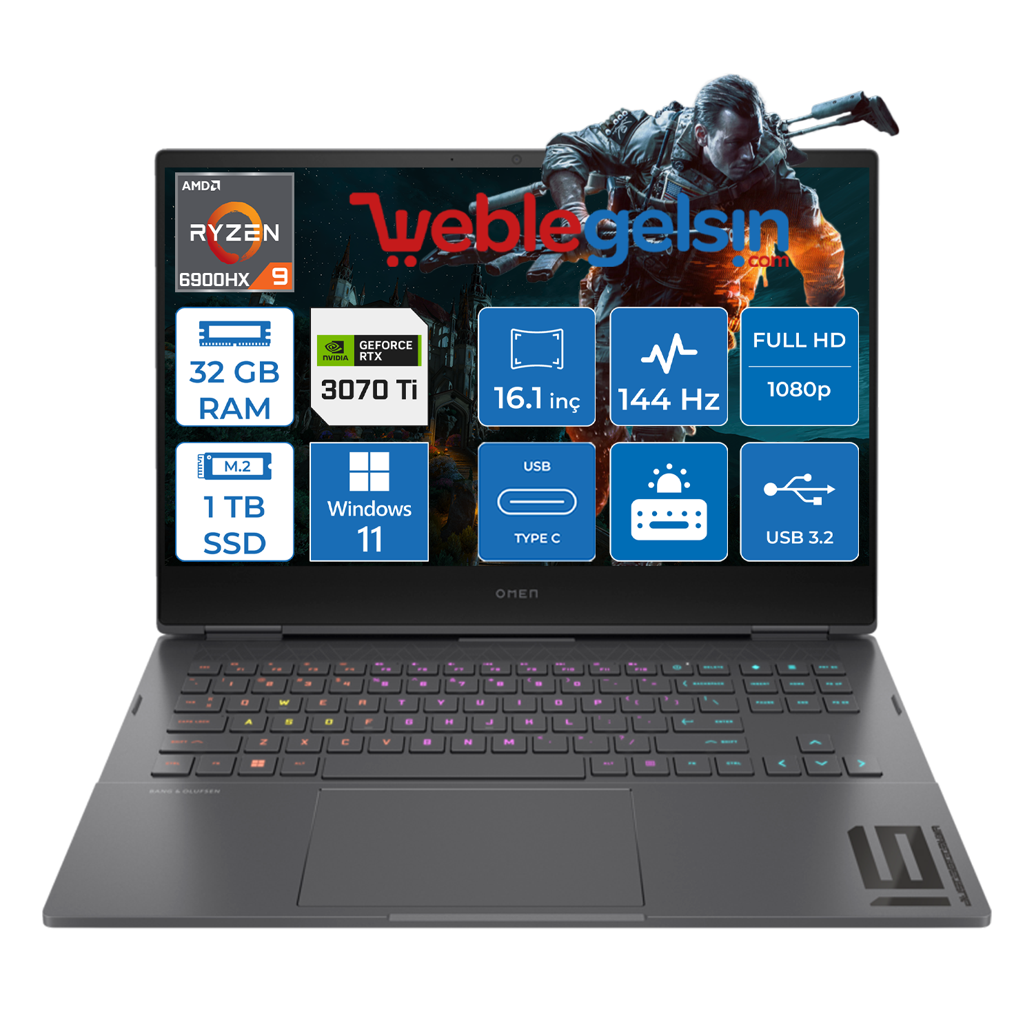 Hp Omen 16-N0001NT 6.nesil Ryzen 9 6900HX 32GB DDR5 1TB SSD 8GB 3070Tİ 16.1 inç 144Hz IPS Fhd Windows 11 Pro Taşınabilir Bilgisayar OMEN793K6EA23