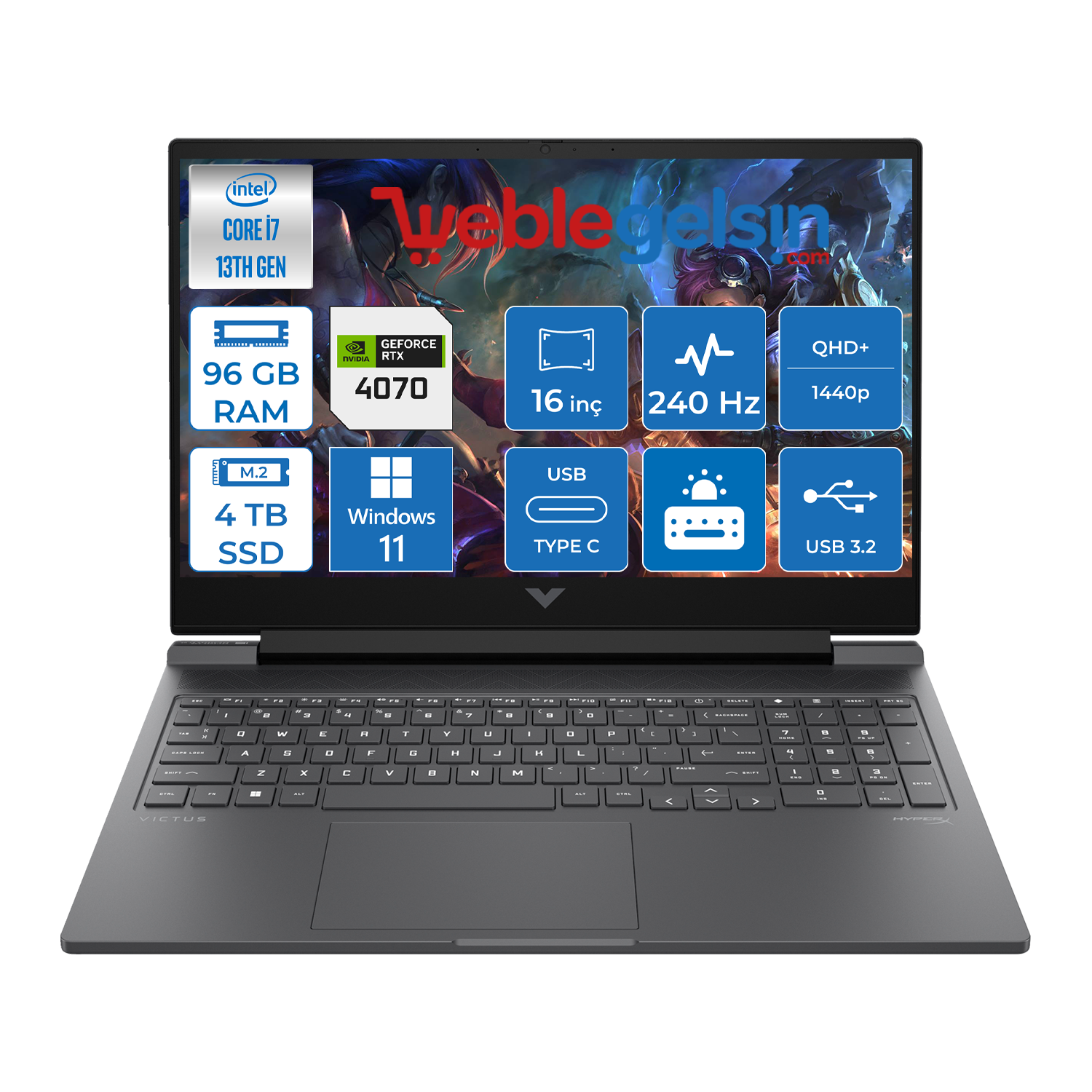 Hp Victus İntel Core i7 16-R0001NT 96GB DDR5 4TB SSD 8GB/RTX4070 Windows 11 Home 16.1