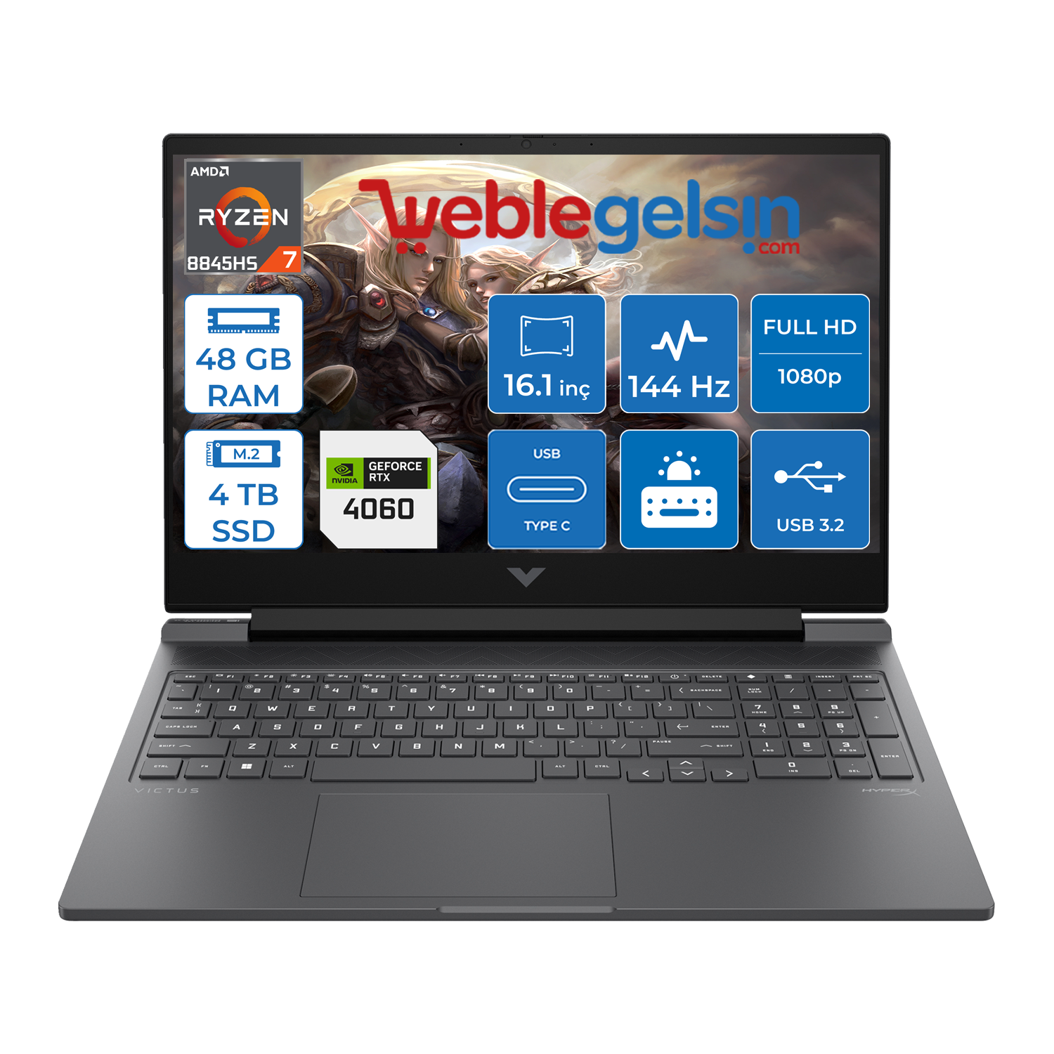 Hp Victus W16-S1018NT Amd Ryzen 7-8845HS Aı 48GB DDR5 4TB SSD 8GB/ RTX4060 Freedos 16.1