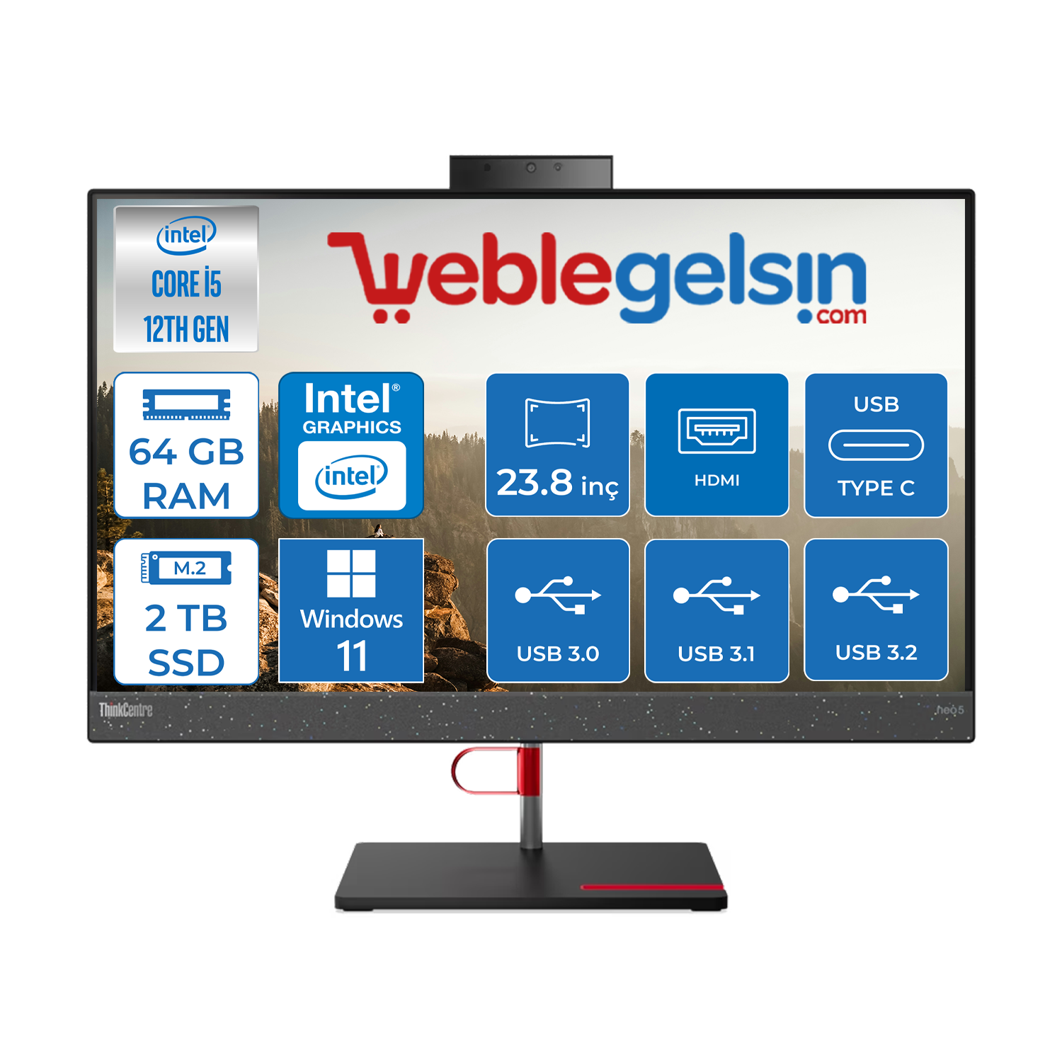 Lenovo All-In-One Thinkcentre Neo 50A Intel® Core™ I5-12450H 64GB 2TB SSD 23.8 inç Fhd IPS Windows 11 Pro All In One Bilgisayar F12B800DHTX23.8