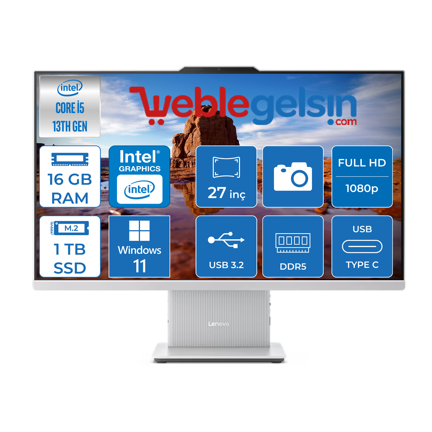 Lenovo Ideacentre Aıo 27IRH9 Intel Core i5 13420H DDR5 16GB 1TB SSD Intel UHD Graphics 27 Inç Fhd IPS Windows 11 Pro Beyaz All In One Bilgisayar F0HM0045TRP07