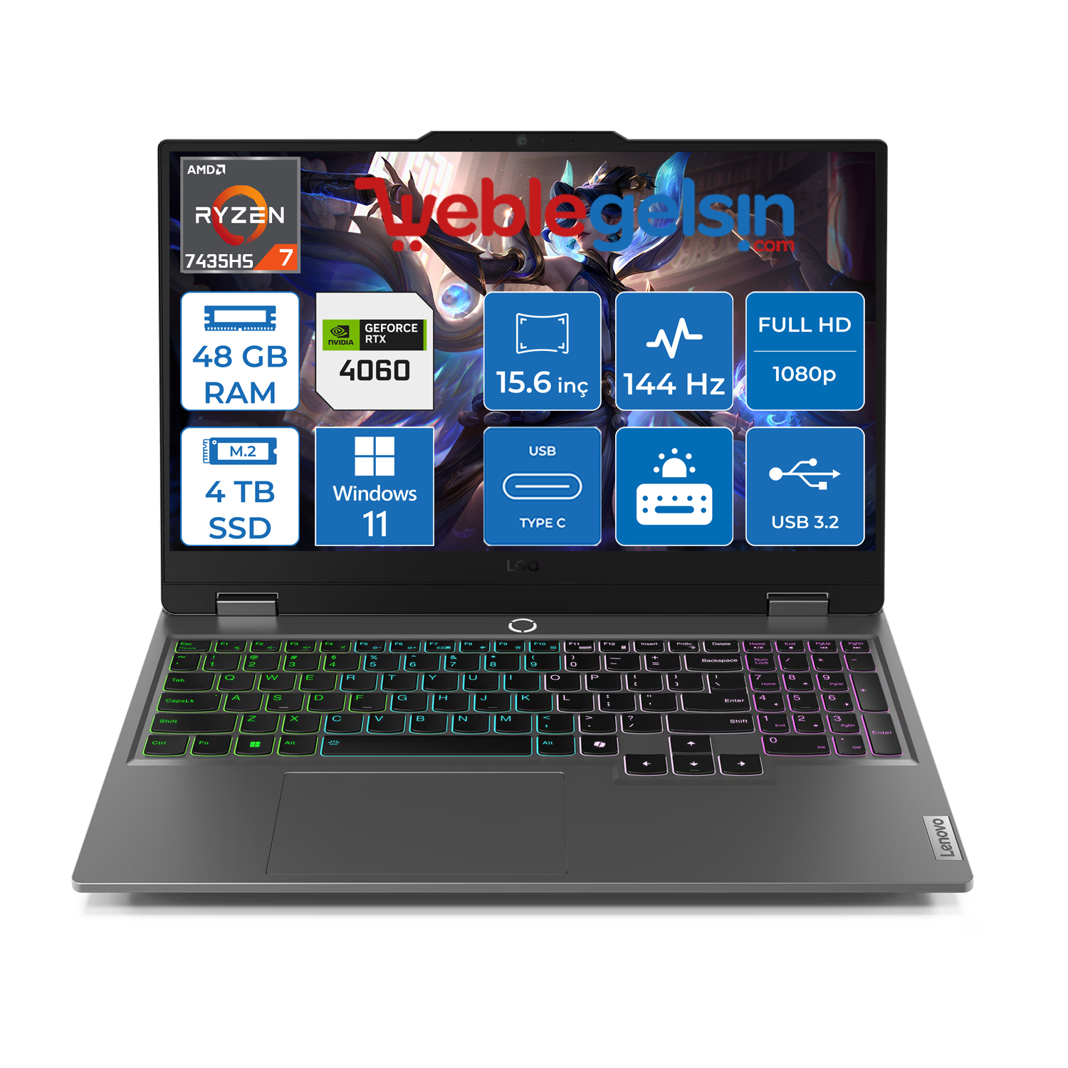 Lenovo Loq 15ARP9 Amd Ryzen 7-7435HS 48GB DDR5 4TB SSD 8GB/RTX4060 Windows 11 Pro 15.6