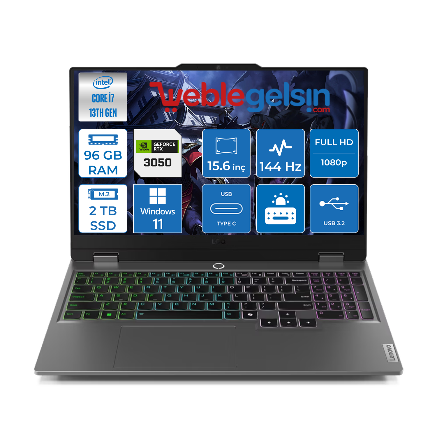 Lenovo Loq 15IRX9 Intel Core I7-13650HX 96GB DDR5 2TB SSD RTX3050 6GB 144Hz Windows 11 Home 15.6 inç Fhd Taşınabilir Bilgisayar 883DV00AFTR31