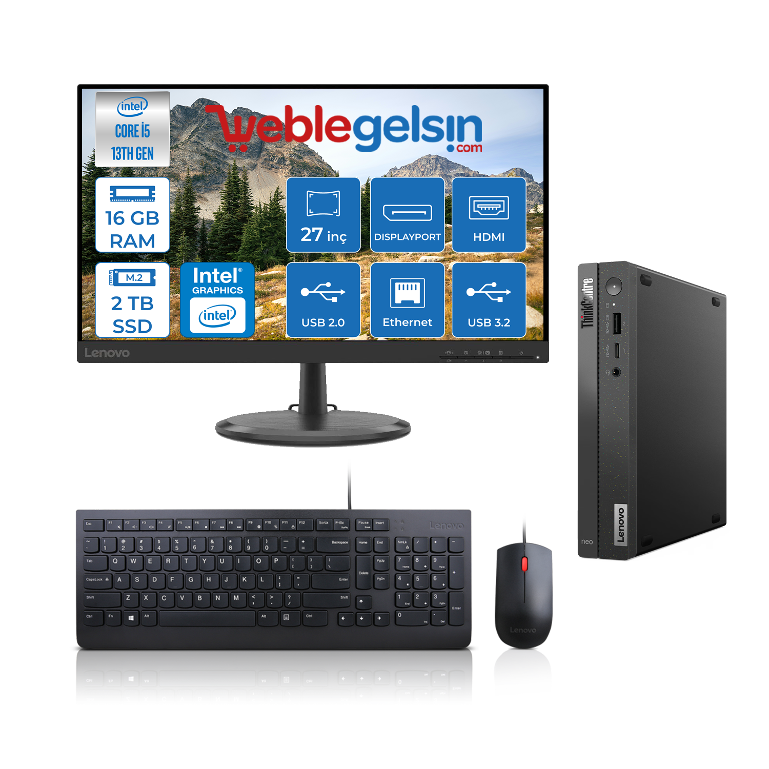 Lenovo Thinkcentre Neo 50Q Gen 4 Intel Core I5-13420H 16GB 2TB SSD 27 Inç Monitör Freedos Mini Bilgisayar MM12LN006KTRF03