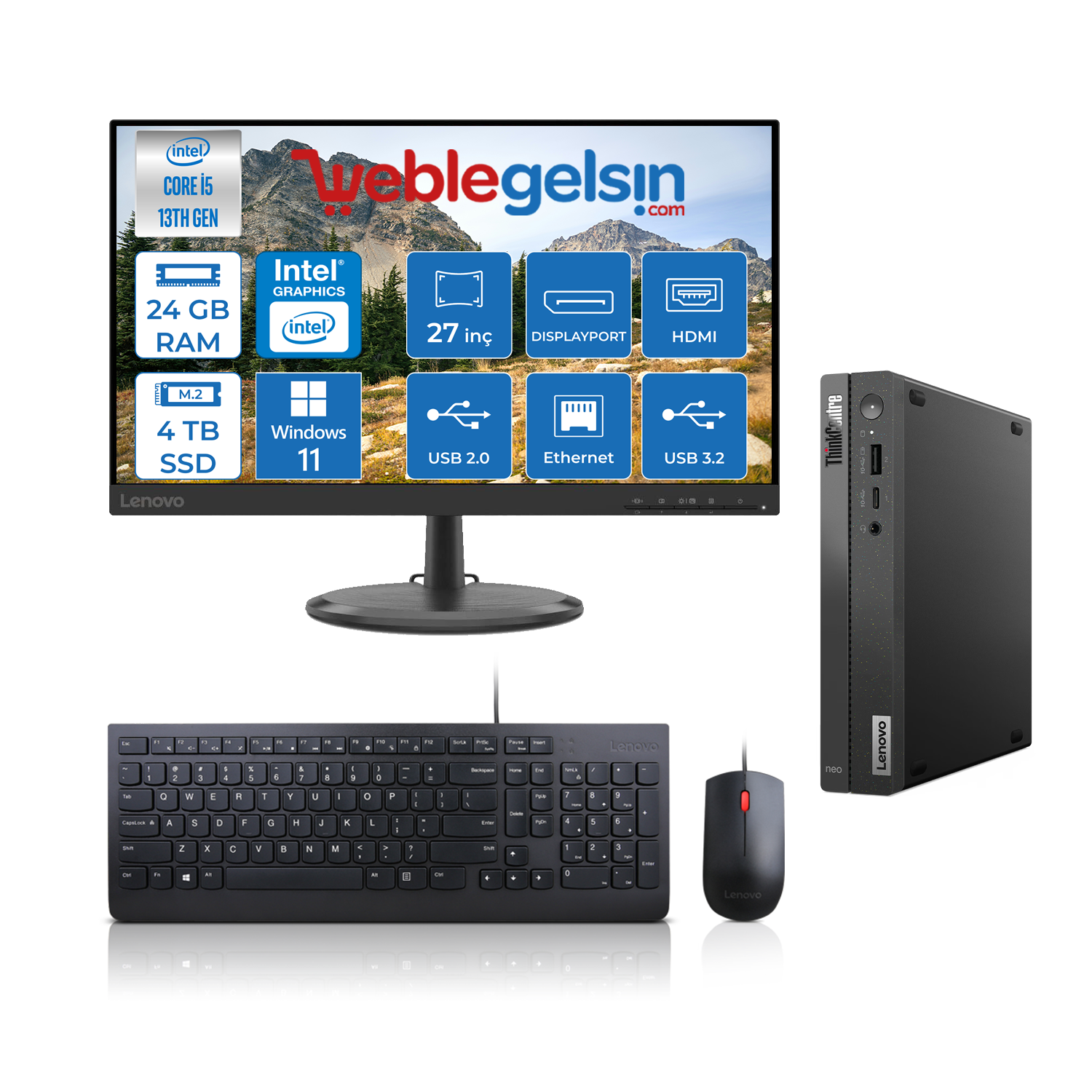 Lenovo Thinkcentre Neo 50Q Gen 4 Intel Core I5-13420H 24GB 4TB SSD 27 Inç Monitör Windows 11 Pro Mini Bilgisayar MM12LN006KTRP08