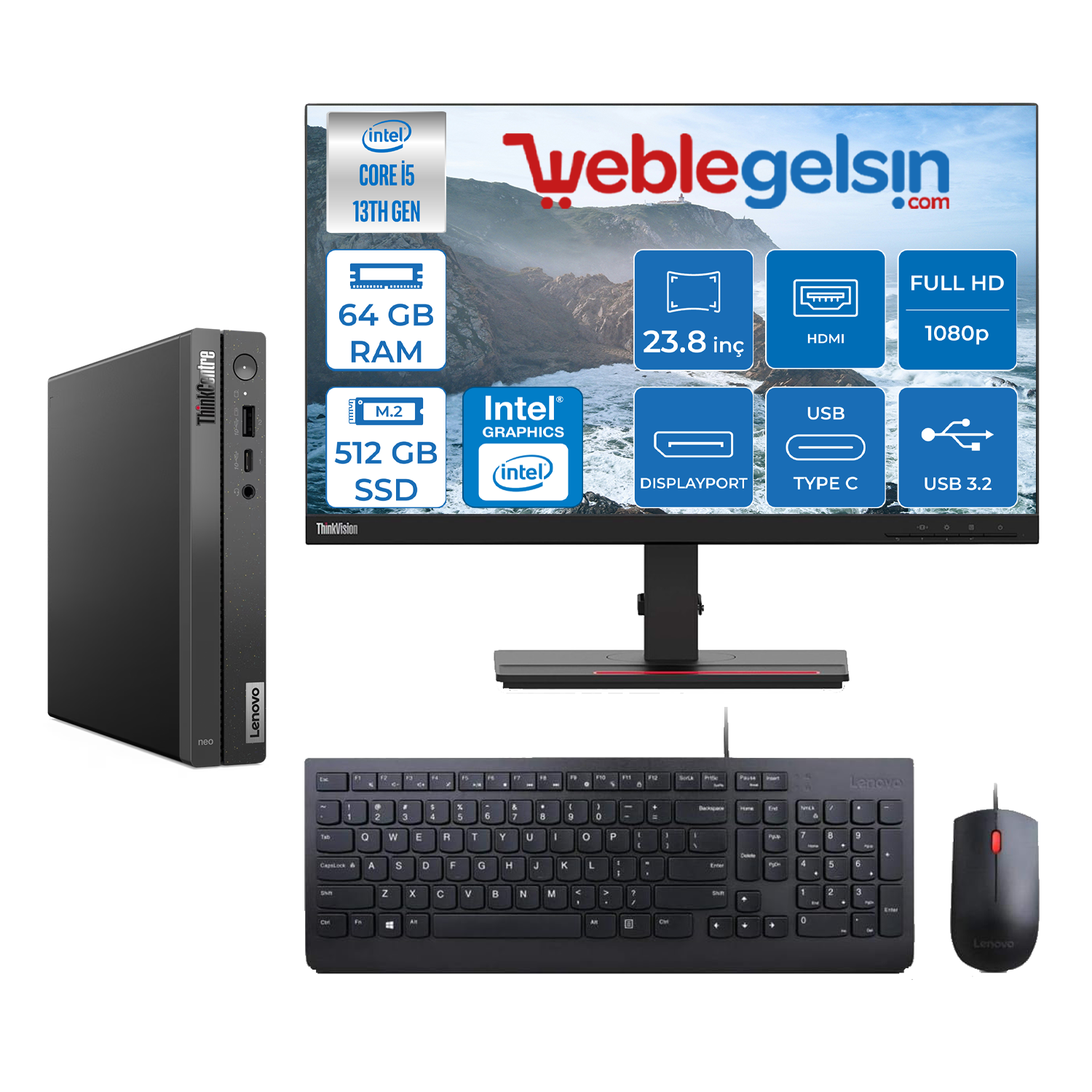 Lenovo Thinkcentre Neo 50Q Gen 4 Intel Core I5-13420H 64GB 512GB SSD Freedos 23.8 inç Masaüstü Bilgisayar 12LN0048TRMF07