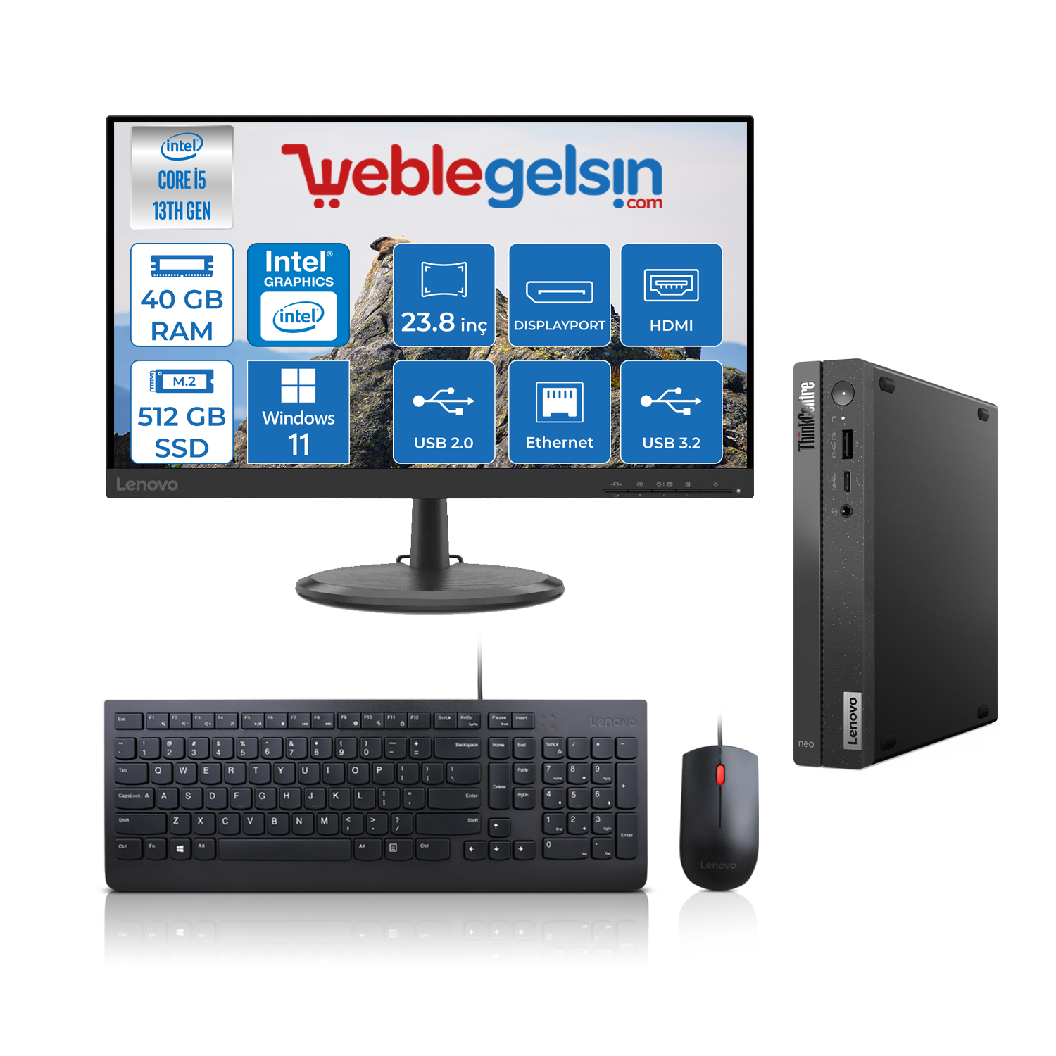 Lenovo Thinkcentre Neo 50Q Gen 4 Intel Core I5-13420H 40GB 512GB SSD 23.8 Inç Monitör Windows 11 Home Mini Bilgisayar M12LN006KTRH13