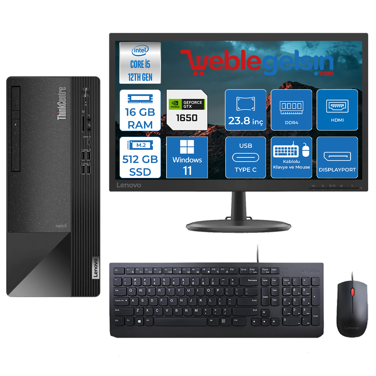 Lenovo Thinkcentre Neo 50T Intel Core i5 12400 16GB 512GB SSD 4GB GTX1650 Windows 11 Pro 23.8 inç Masaüstü Bilgisayar 11SE00MJTXGGMP01