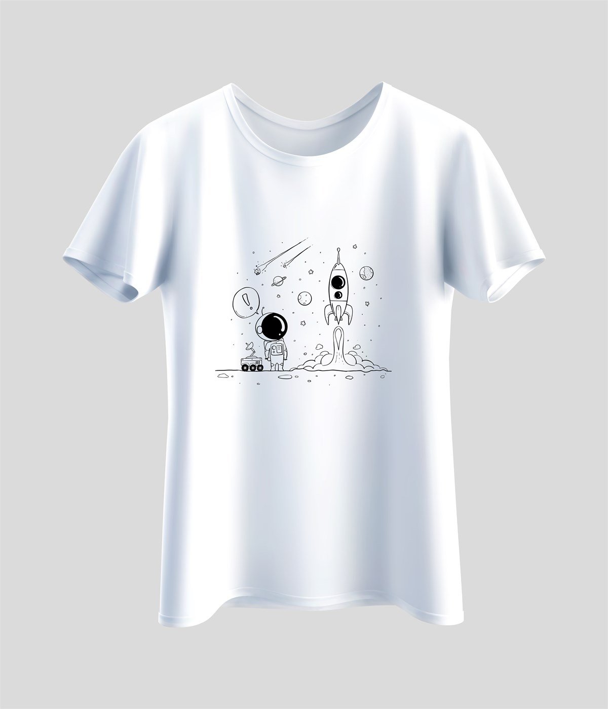 Astronot Uzay Karikatür Baskılı Unisex T-Shirt