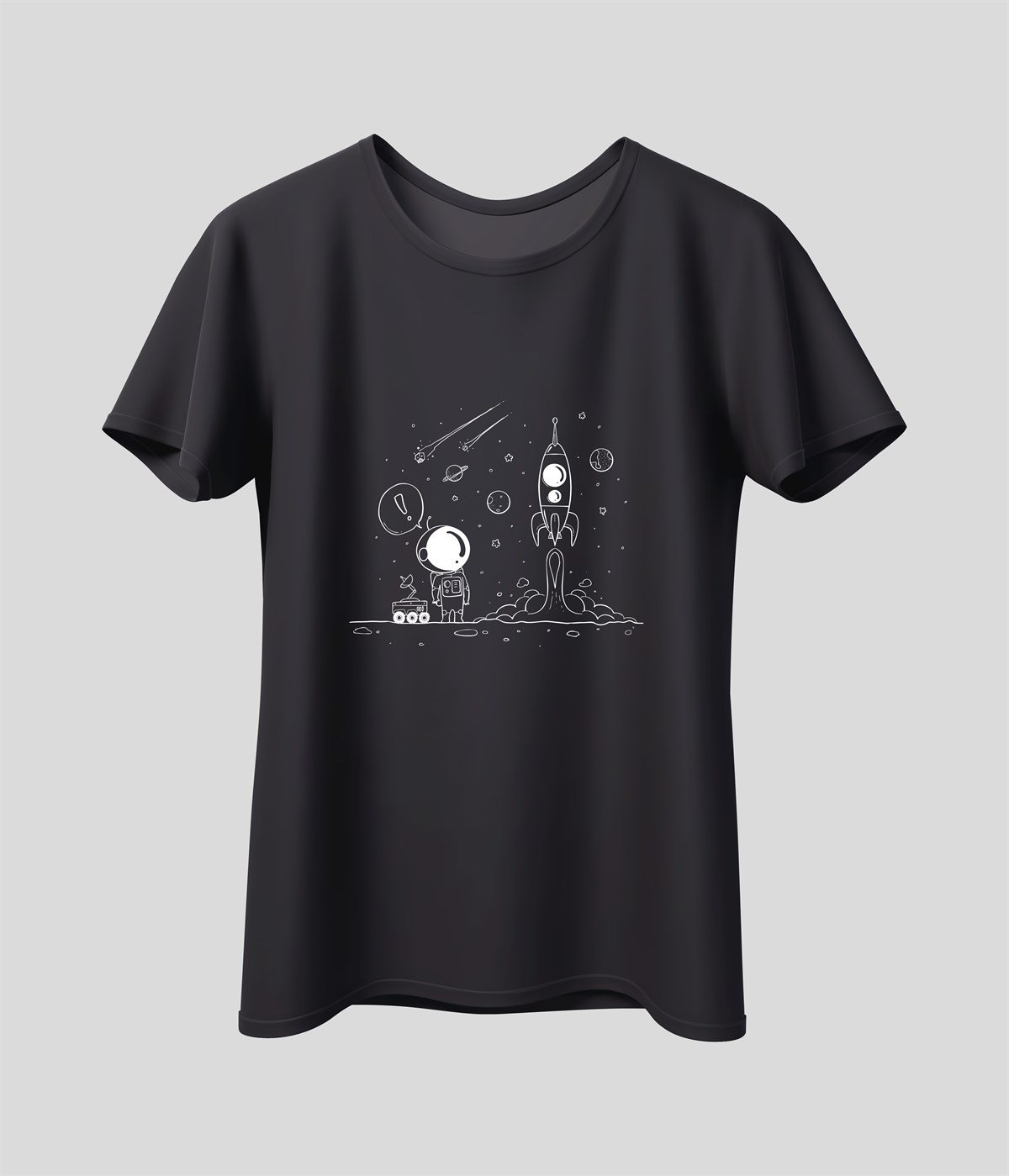 Astronot Uzay Karikatür Baskılı Unisex T-Shirt