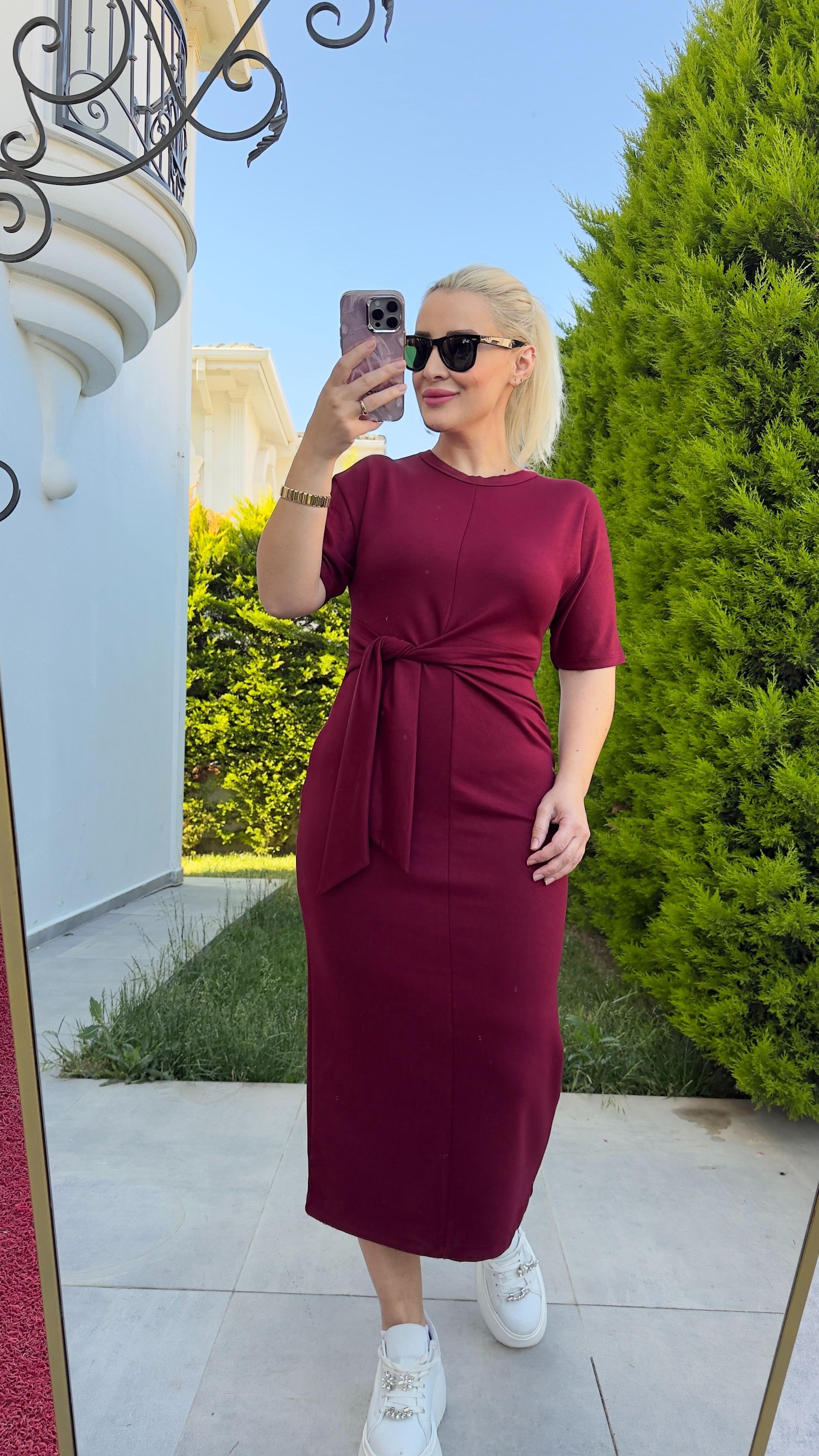 kuşaklı modal elbise bordo 182