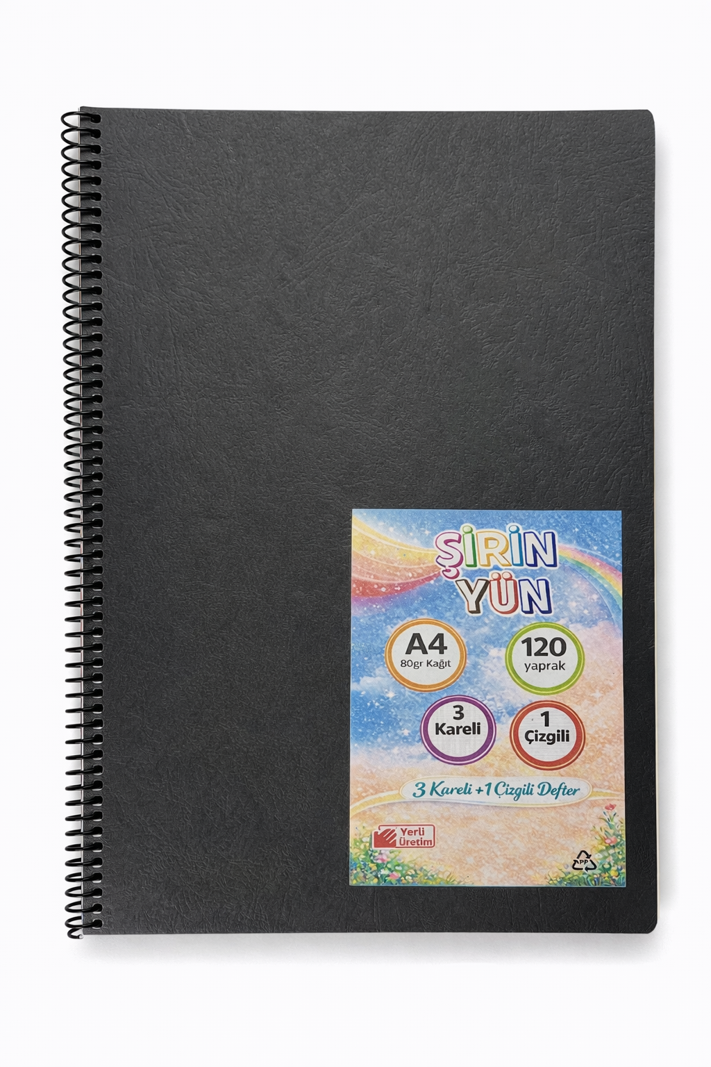 A4 Spiralli Karton Kapaklı 3+1 Bölmeli Defter 120 Yaprak 3 Kareli + 1 Çizgili Siyah