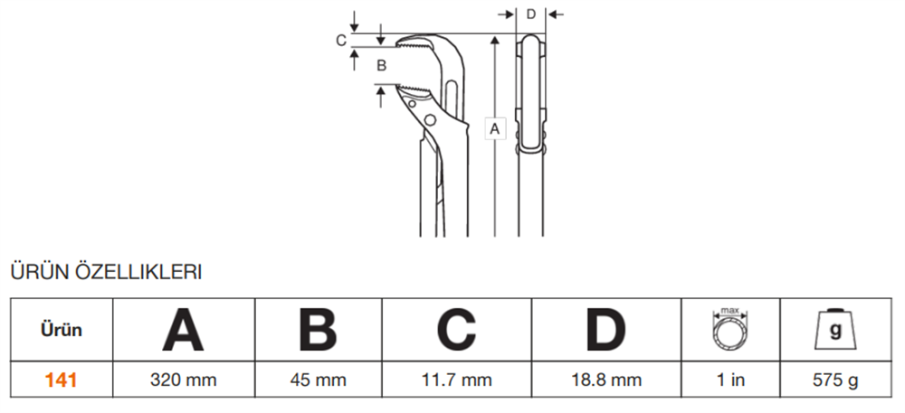Bahco İsveç Model Boru Anahtarı 90° 141