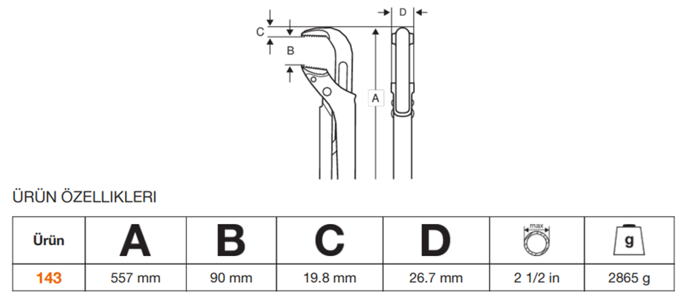Bahco İsveç Model Boru Anahtarı 90° 143
