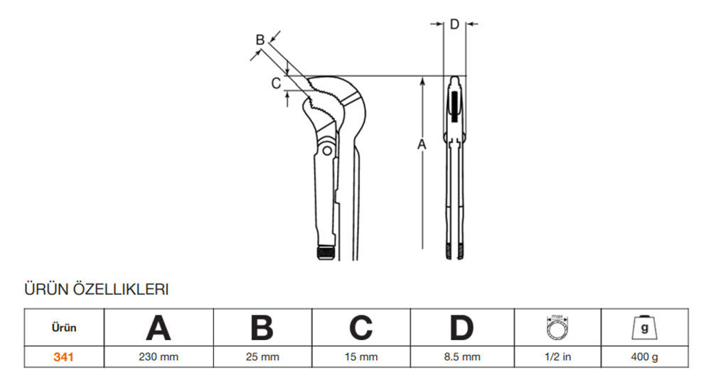 Bahco İsveç Model Kombine Boru Anahtarı 45° 341