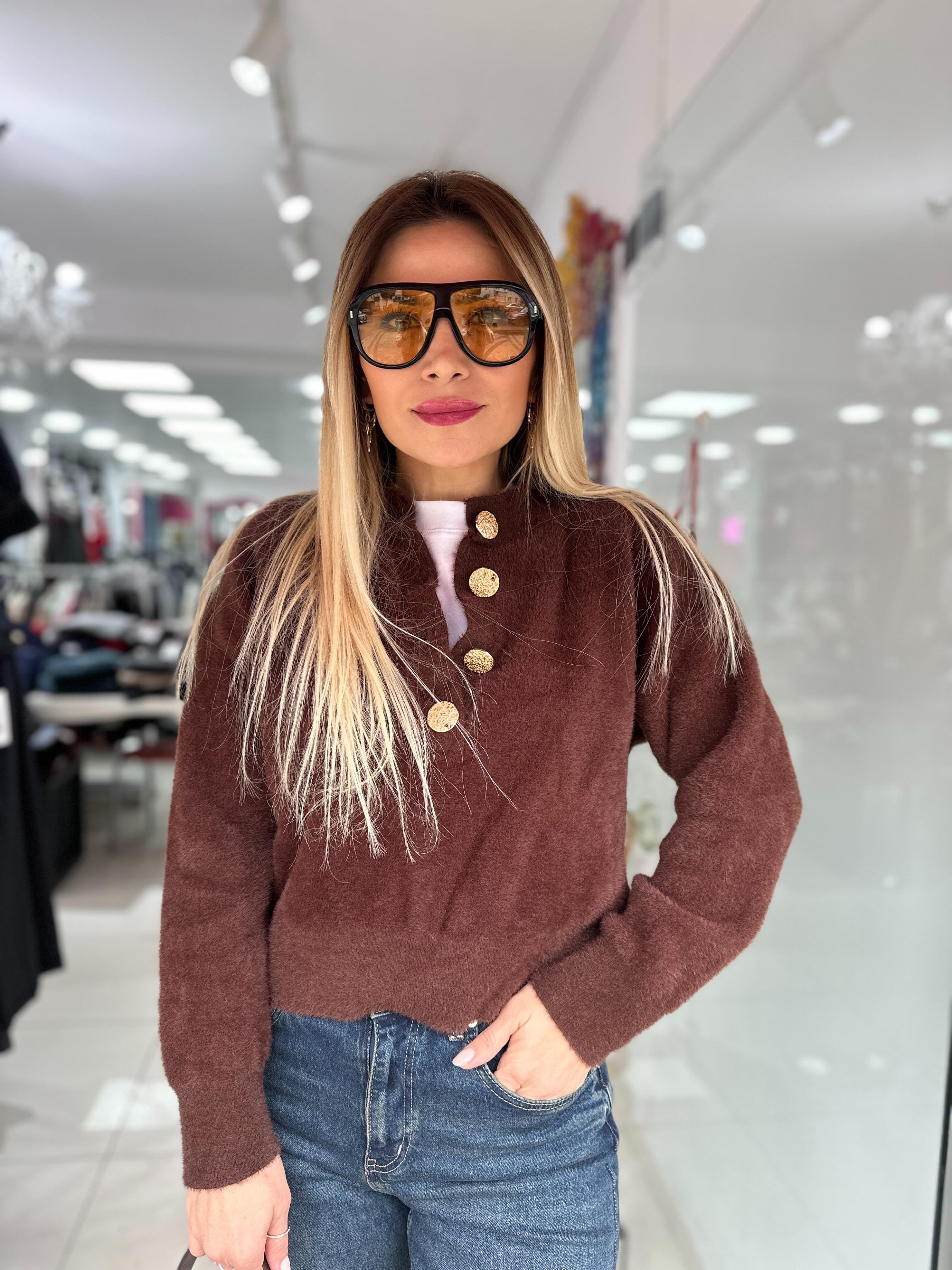 Acı Kahve Angora Düğmeli Kısa Kazak