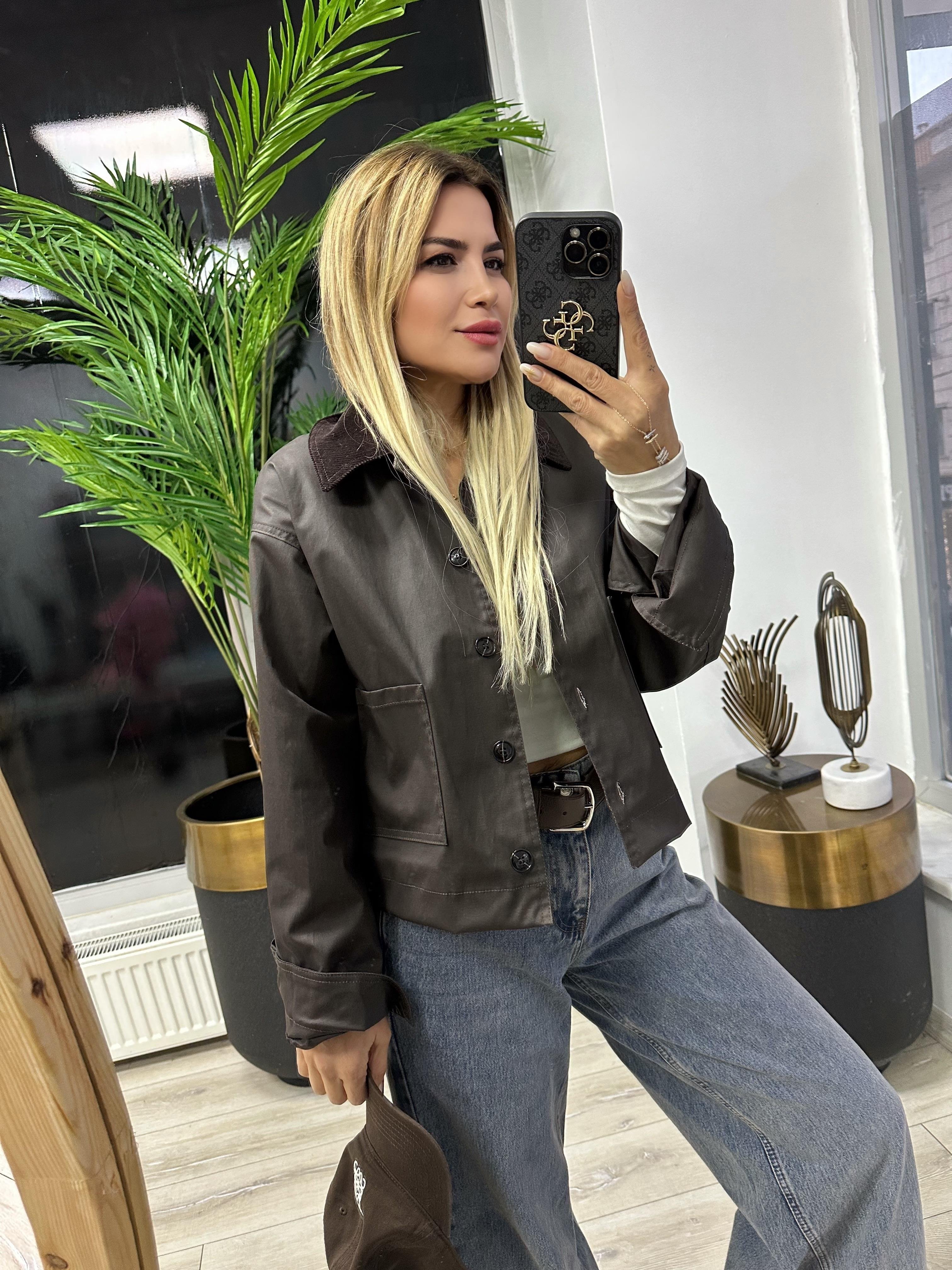 Acı Kahve Yağlı Kumaş Astarlı Kadife Yaka Ceket