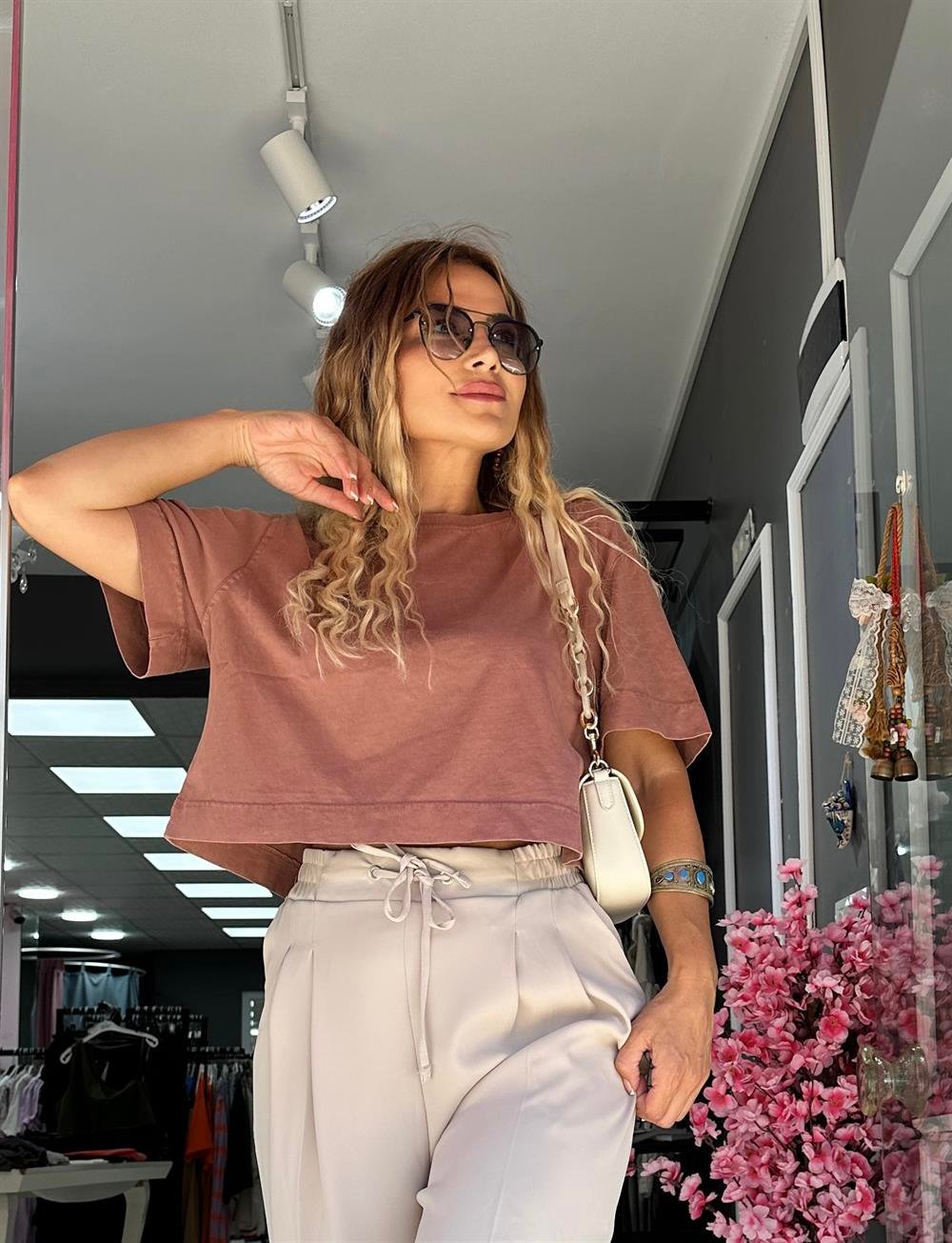 Açık Kahve Crop Tshirt