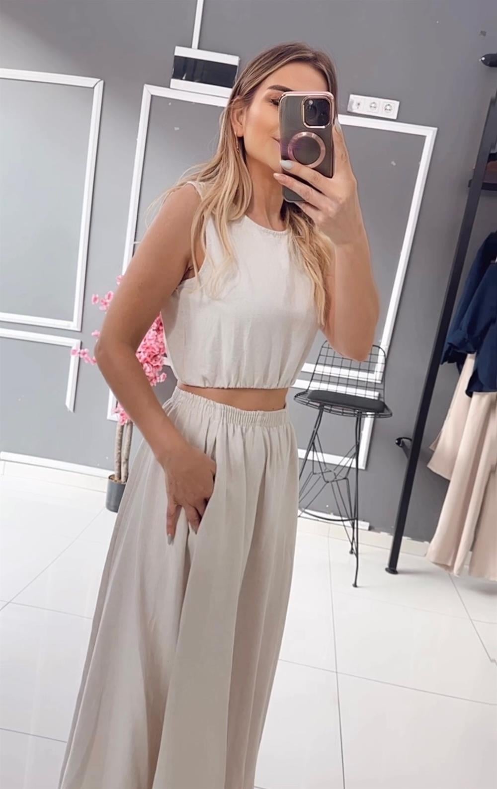 ALV Ekru Keten Crop Etek Takım
