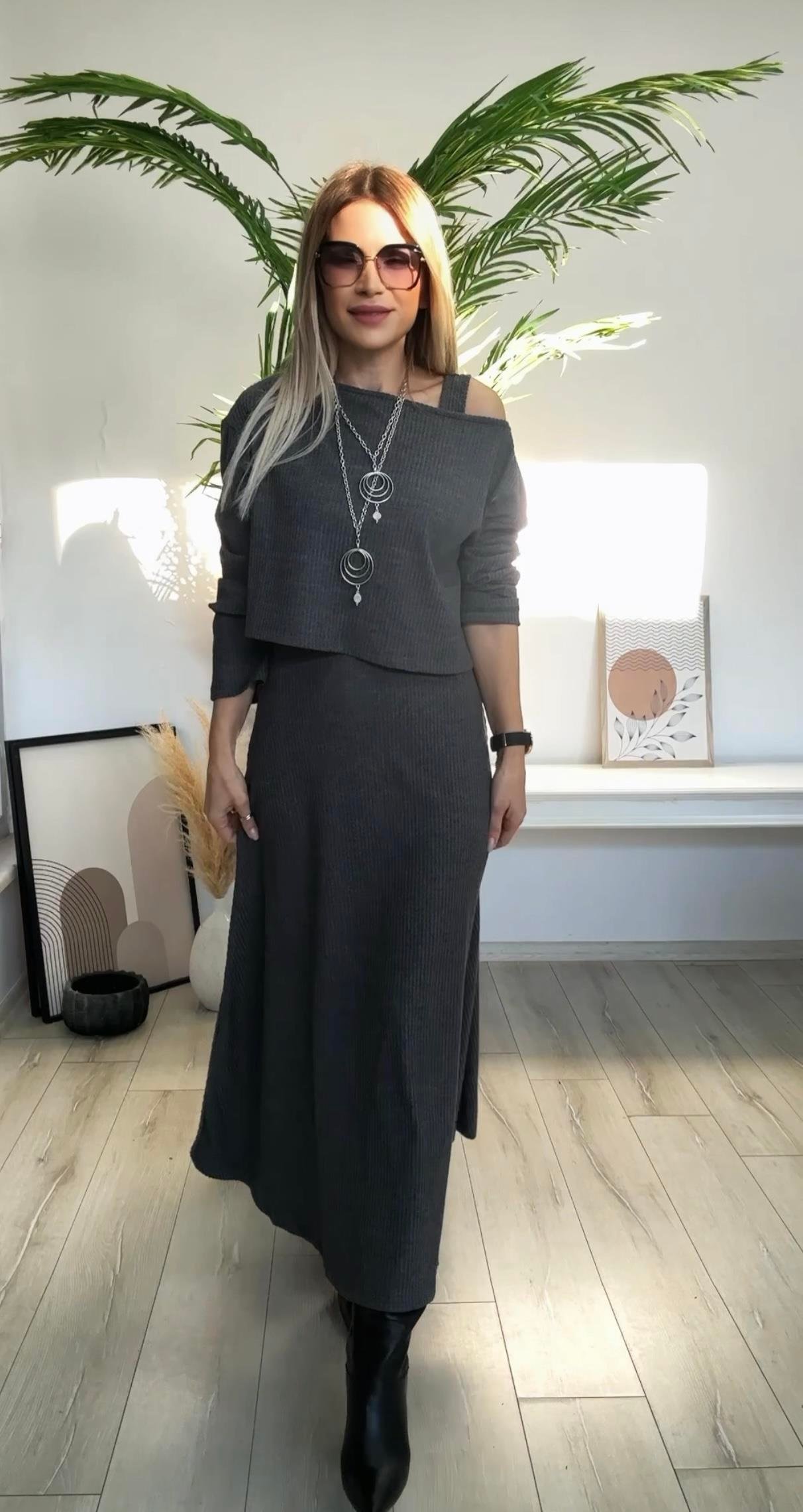 Antrasit Örme Bluz Elbise Takım