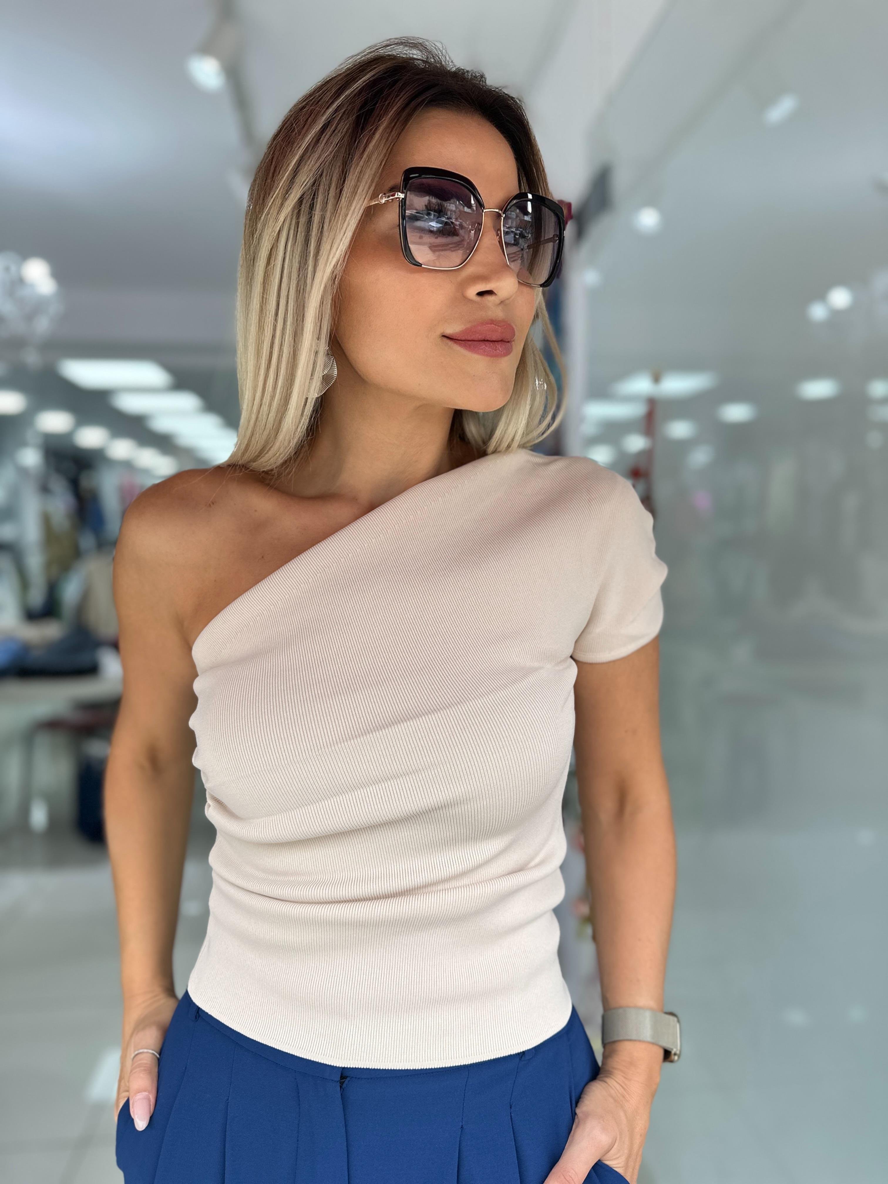 Asimetrik Drapeli Triko Bluz 