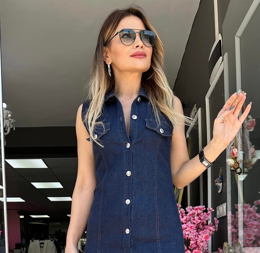 BB Mavi Kot Düğme Detay Elbise