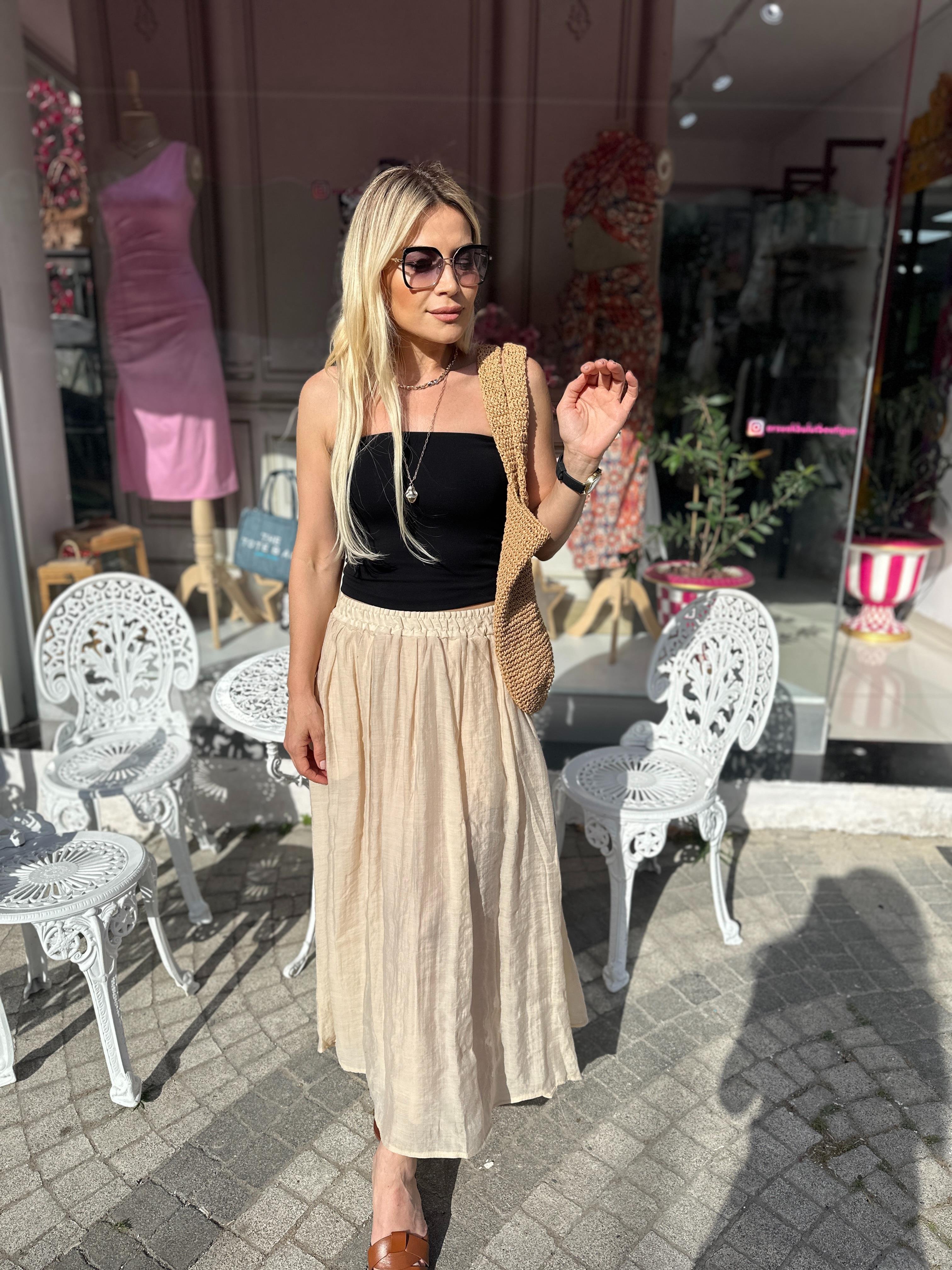 Bej Beli Lastikli Modal Etek